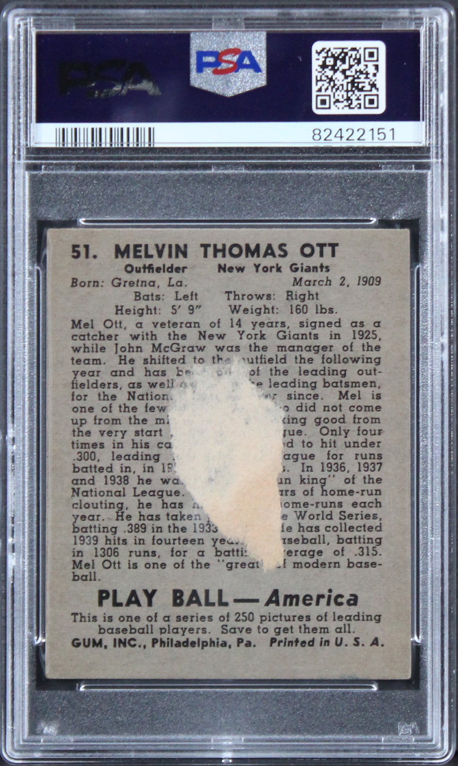 Giants Mel Ott Authentic Signed 1939 Play Ball #51 Card PSA/DNA Slabbed
