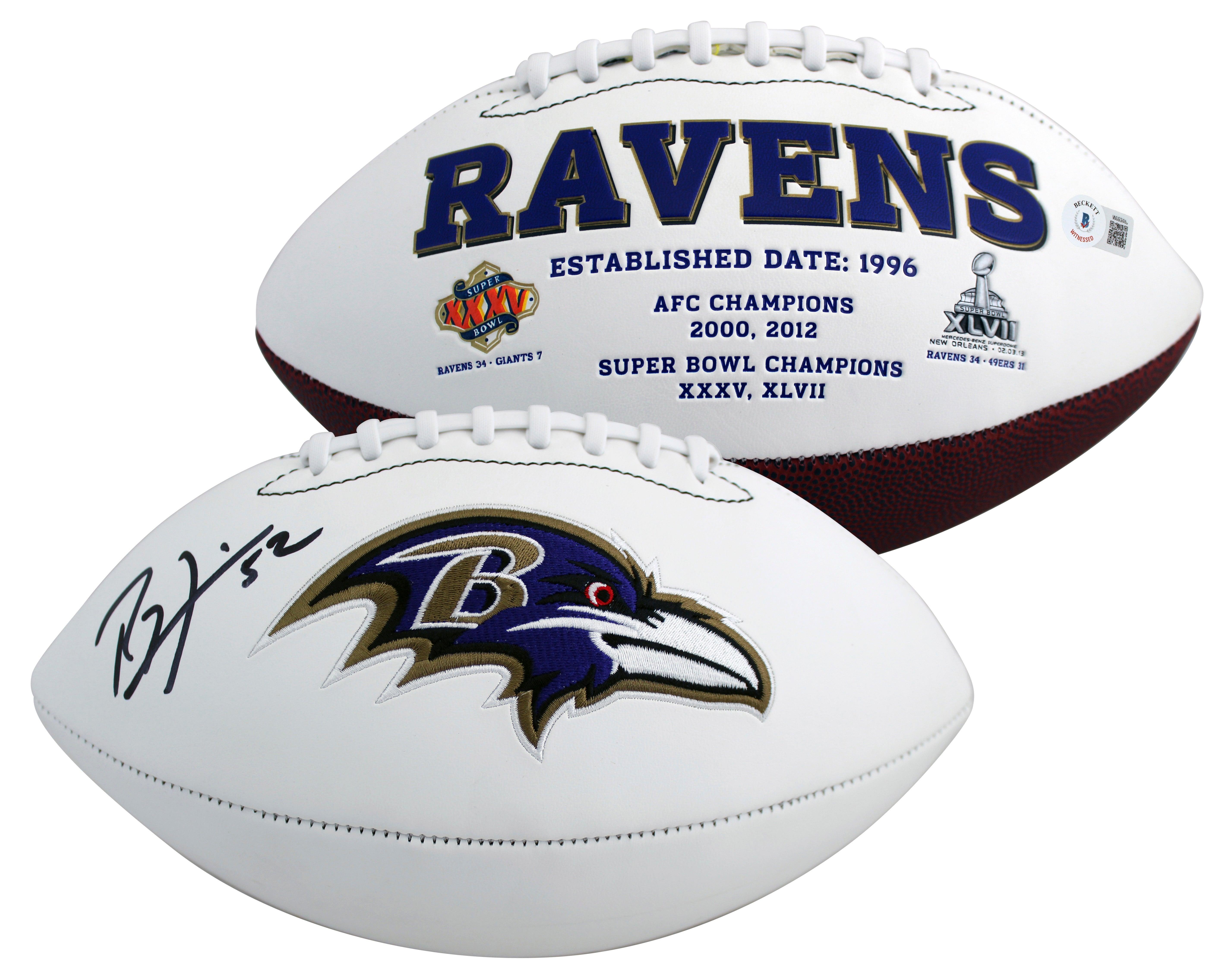 Ravens Ray Lewis Authentic Signed White Panel Logo Football BAS Witnessed