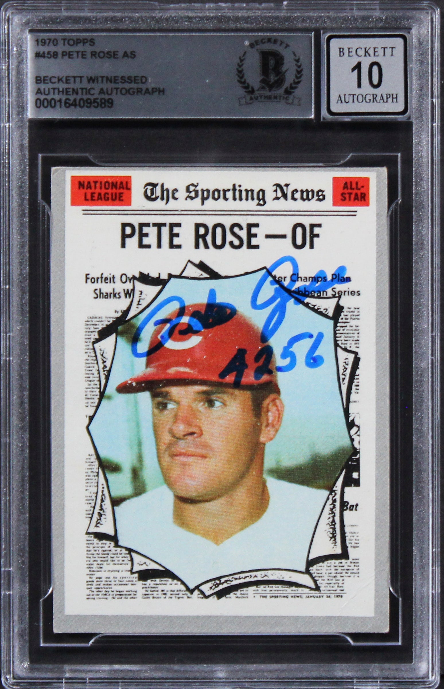 Reds Pete Rose "4256" Signed 1970 Topps #458 Card Auto 10! BAS Slabbed 2