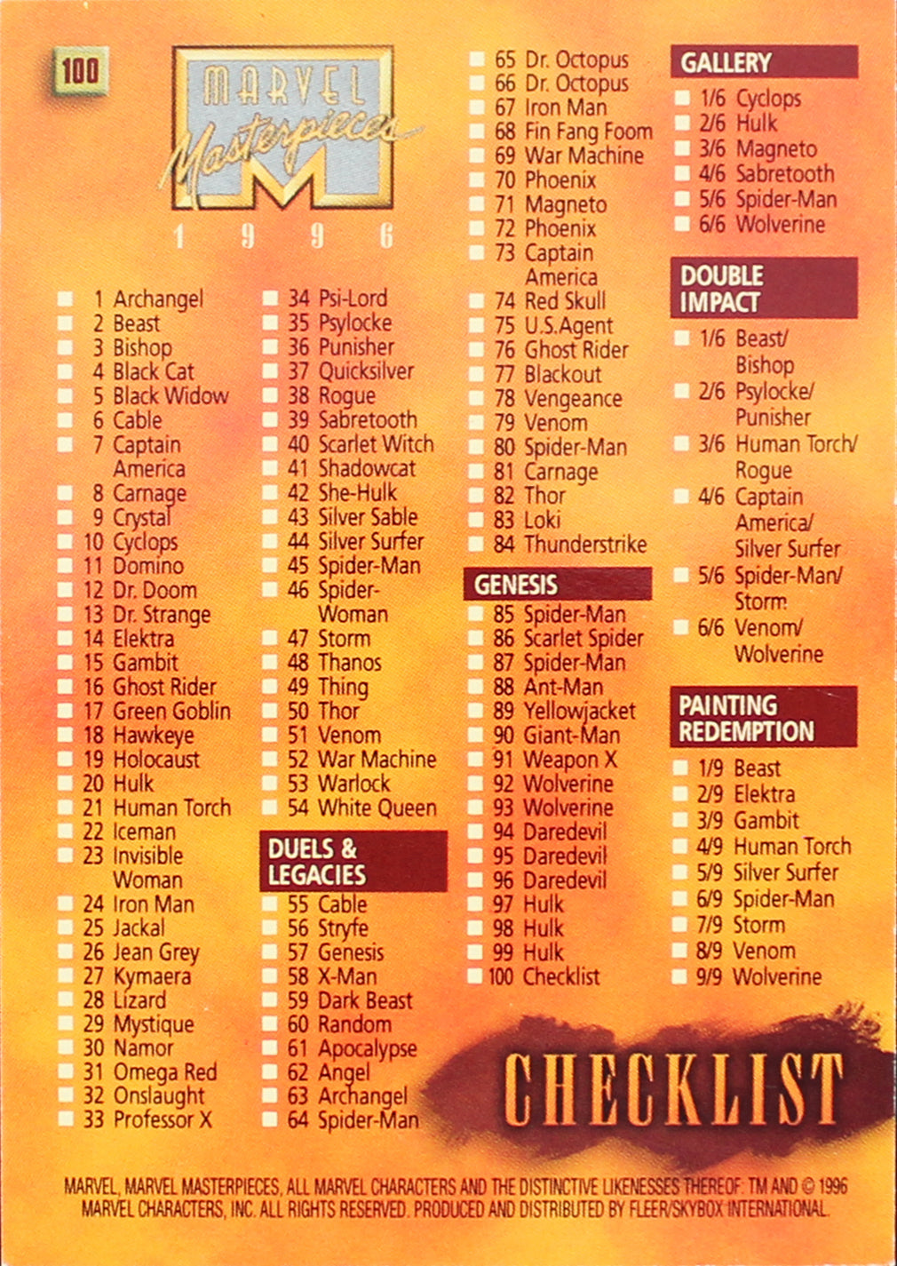 1996 Marvel Masterpieces Checklist Un-signed