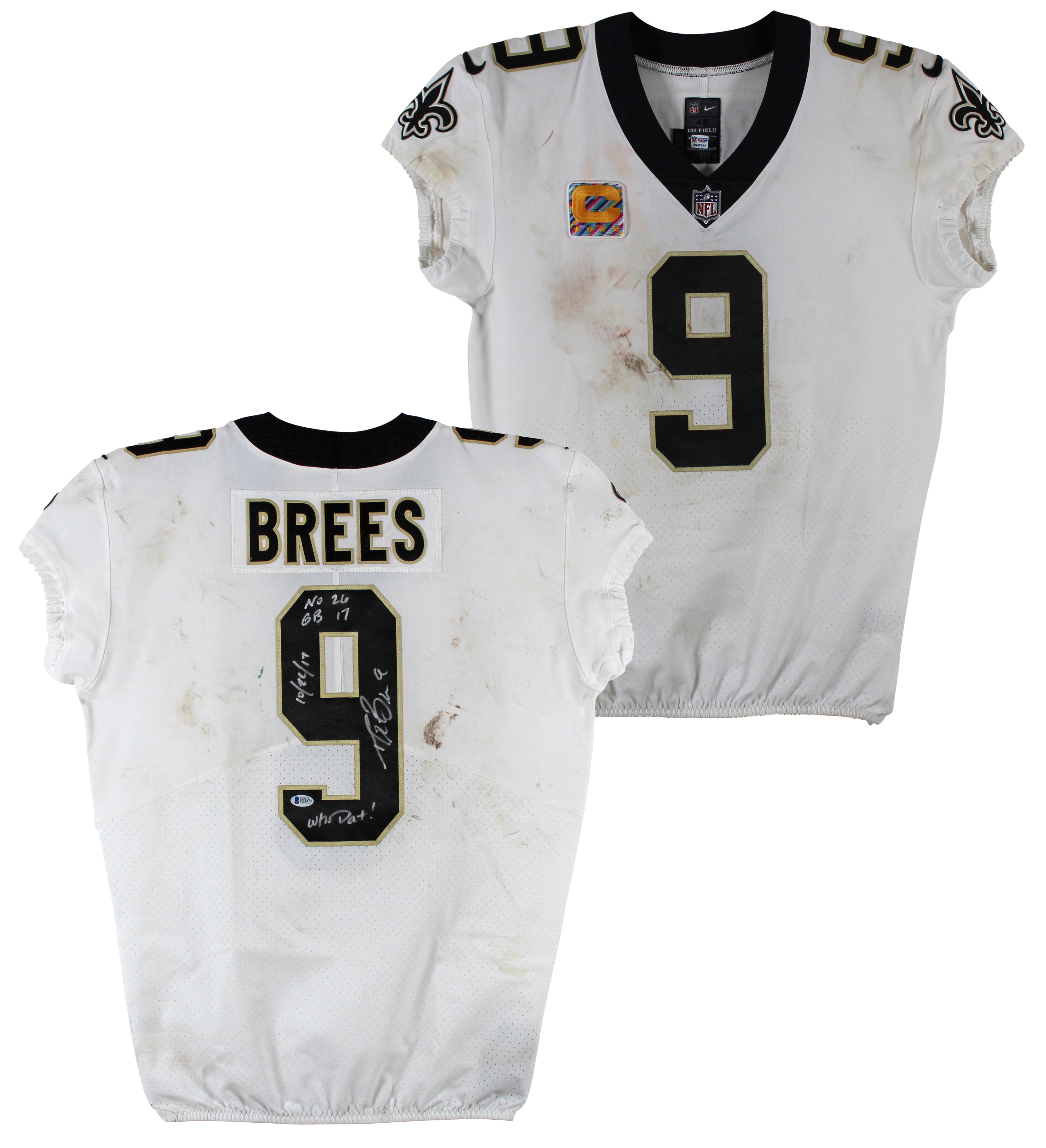 Press Pass Collectibles Saints Drew Brees Signed Game Worn 10 22 17 White Nike Jersey Photomatched PSA