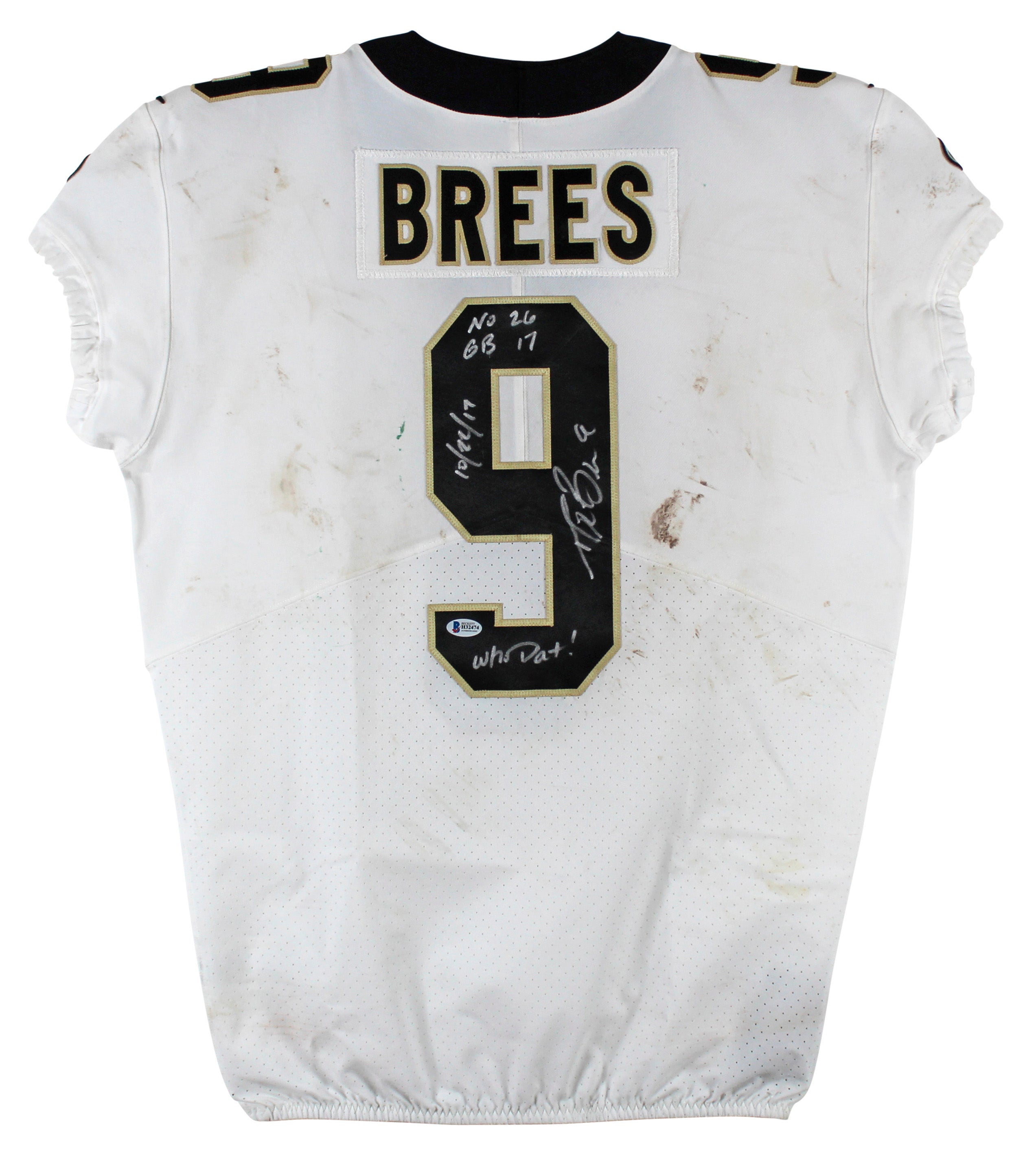 Saints Drew Brees Signed Game Worn 10/22/17 White Nike Jersey Photomatched & PSA