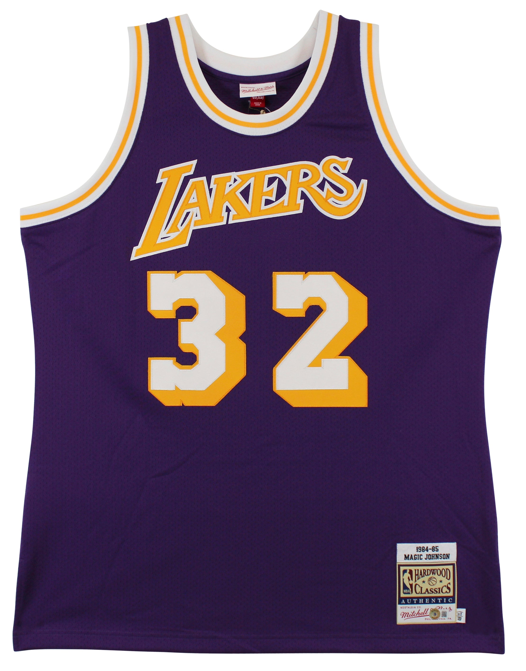 Lakers Magic Johnson "HOF 02" Signed 1984-85 M&N HWC Authentic Purple Jersey BAS