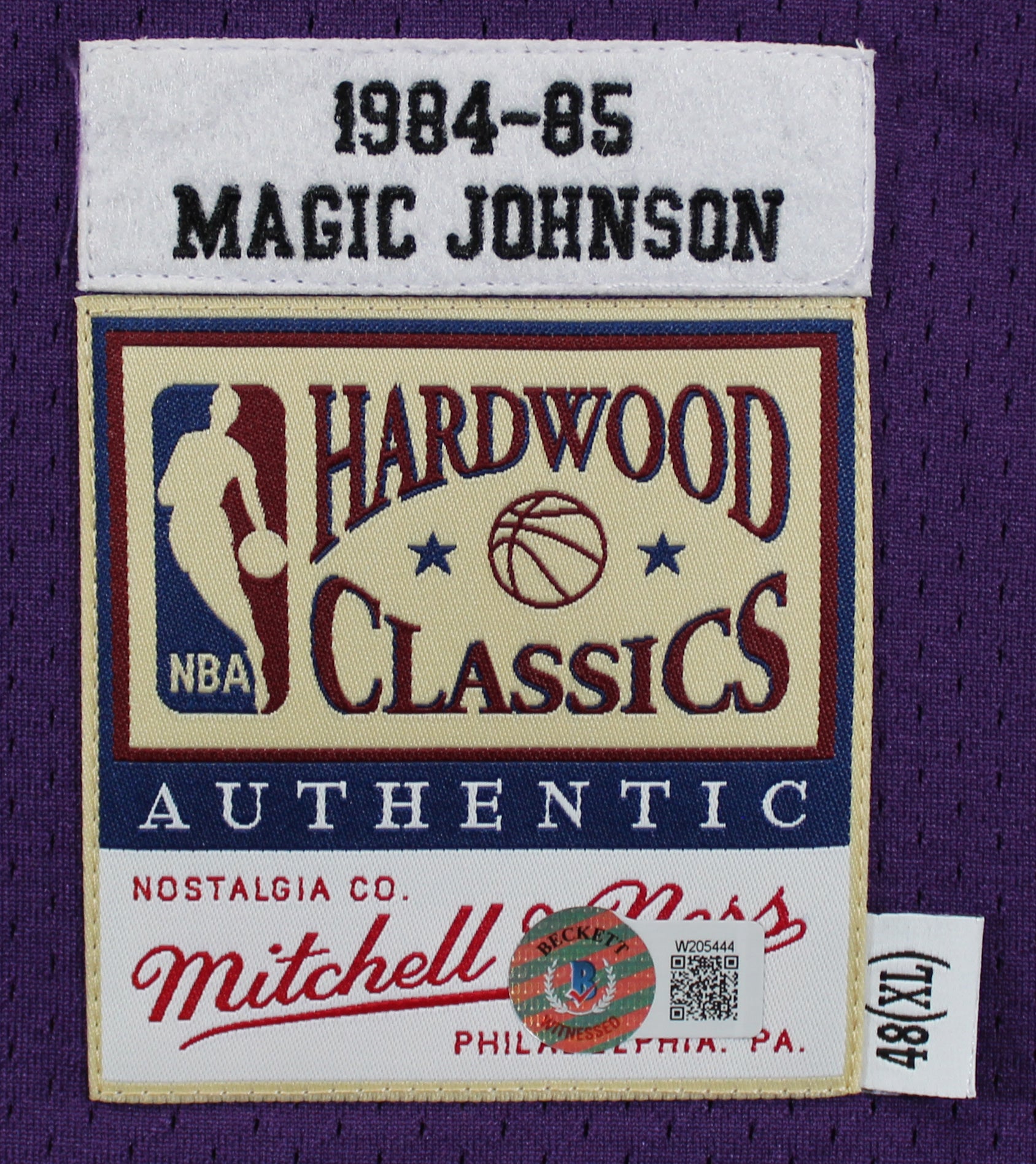 Lakers Magic Johnson "HOF 02" Signed 1984-85 M&N HWC Authentic Purple Jersey BAS