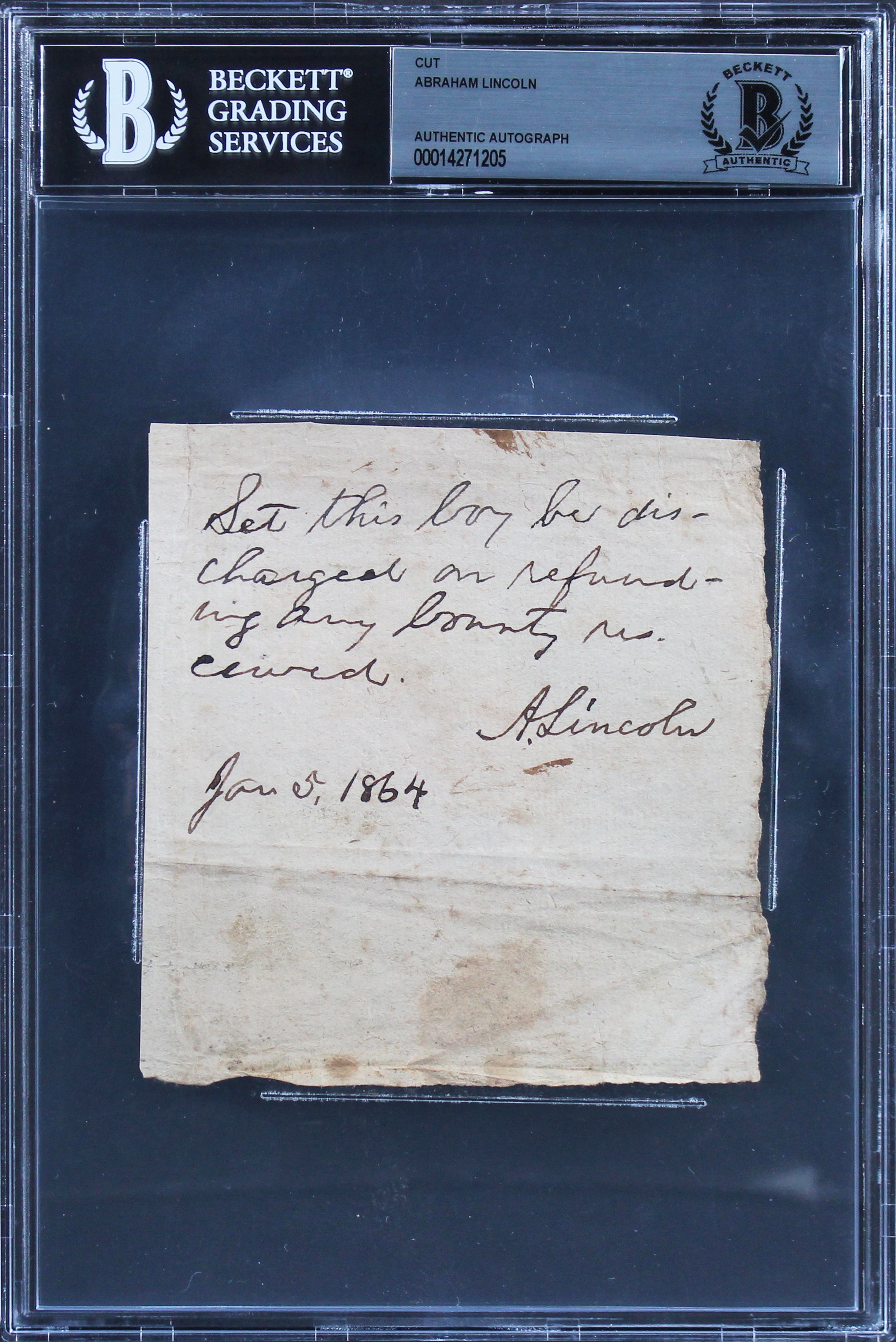 Abraham Lincoln Authentic Signed 4.15x4.25 1864 Cut Signature BAS Slabbed