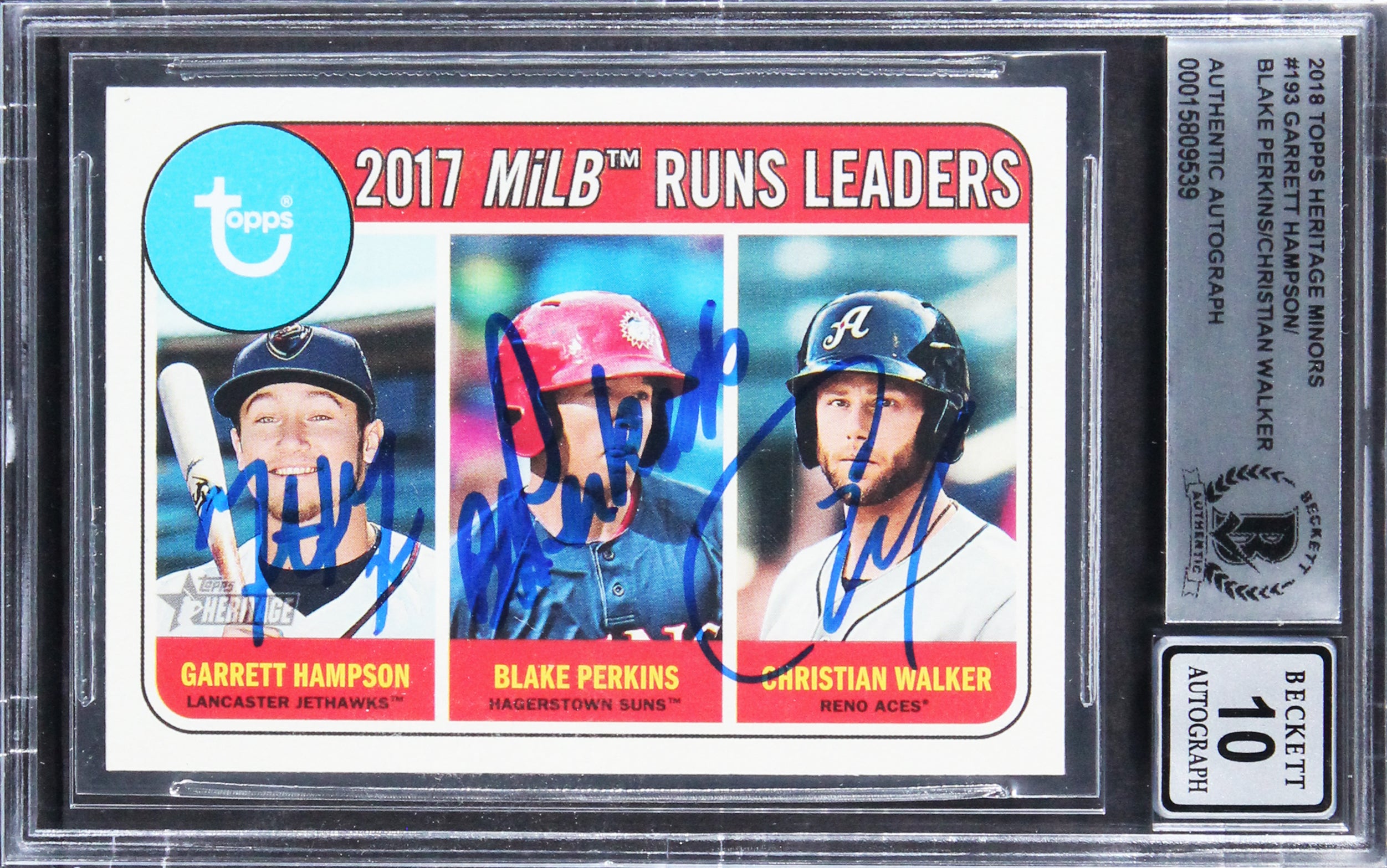 (3) Hampson, Perkins, & Walker Signed 2018 Topps HM #193 Card Auto 10! BAS Slab