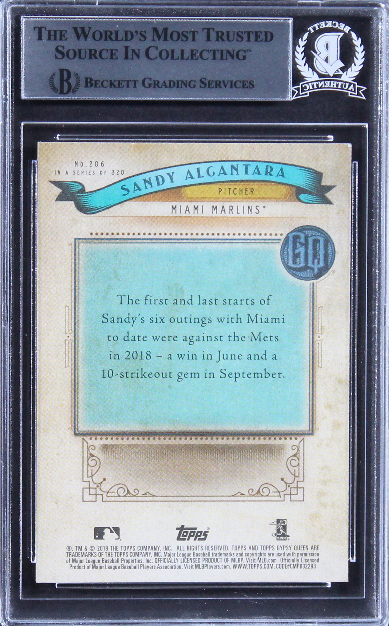 Marlins Sandy Alcantara Signed 2019 Topps Gypsy Queen #206 Card BAS Slabbed