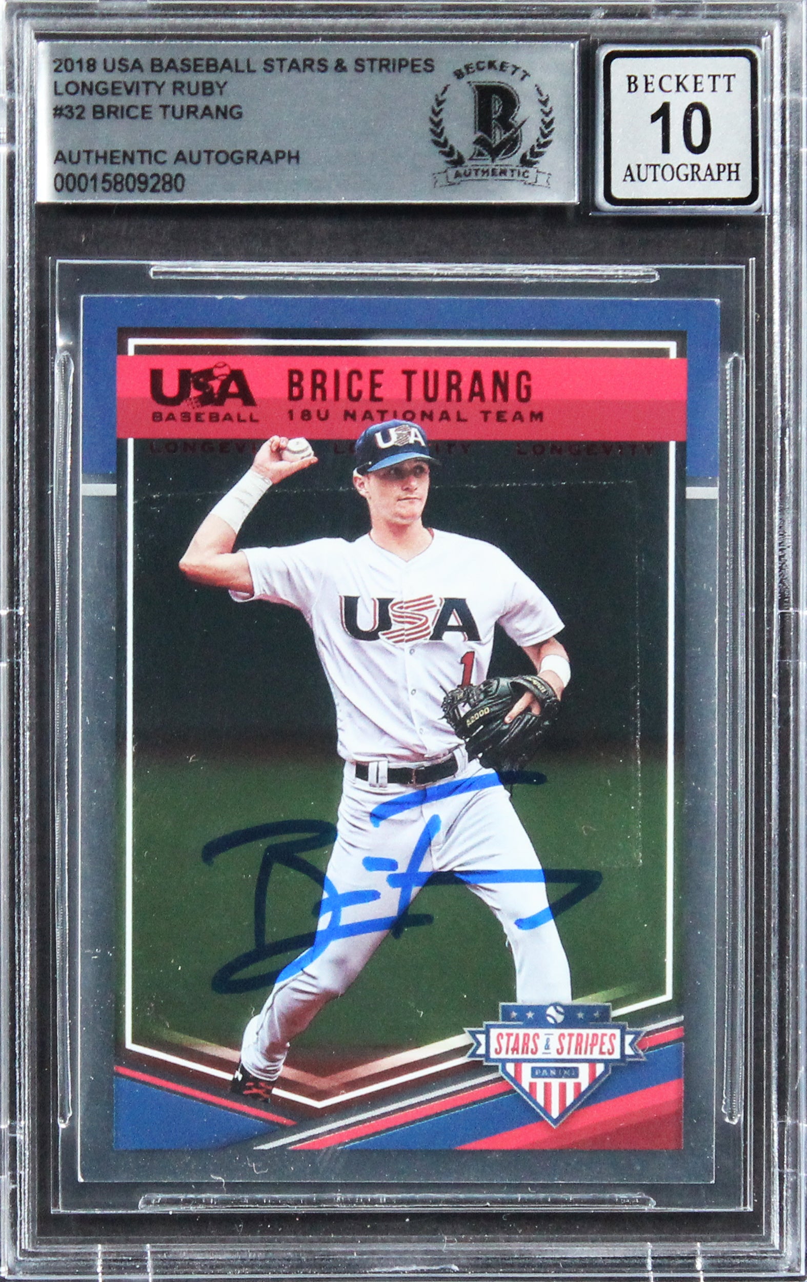 Brice Turang Signed 2019 USA Stars & Stripes #32 #056/249 Card Auto 10 BAS Slab