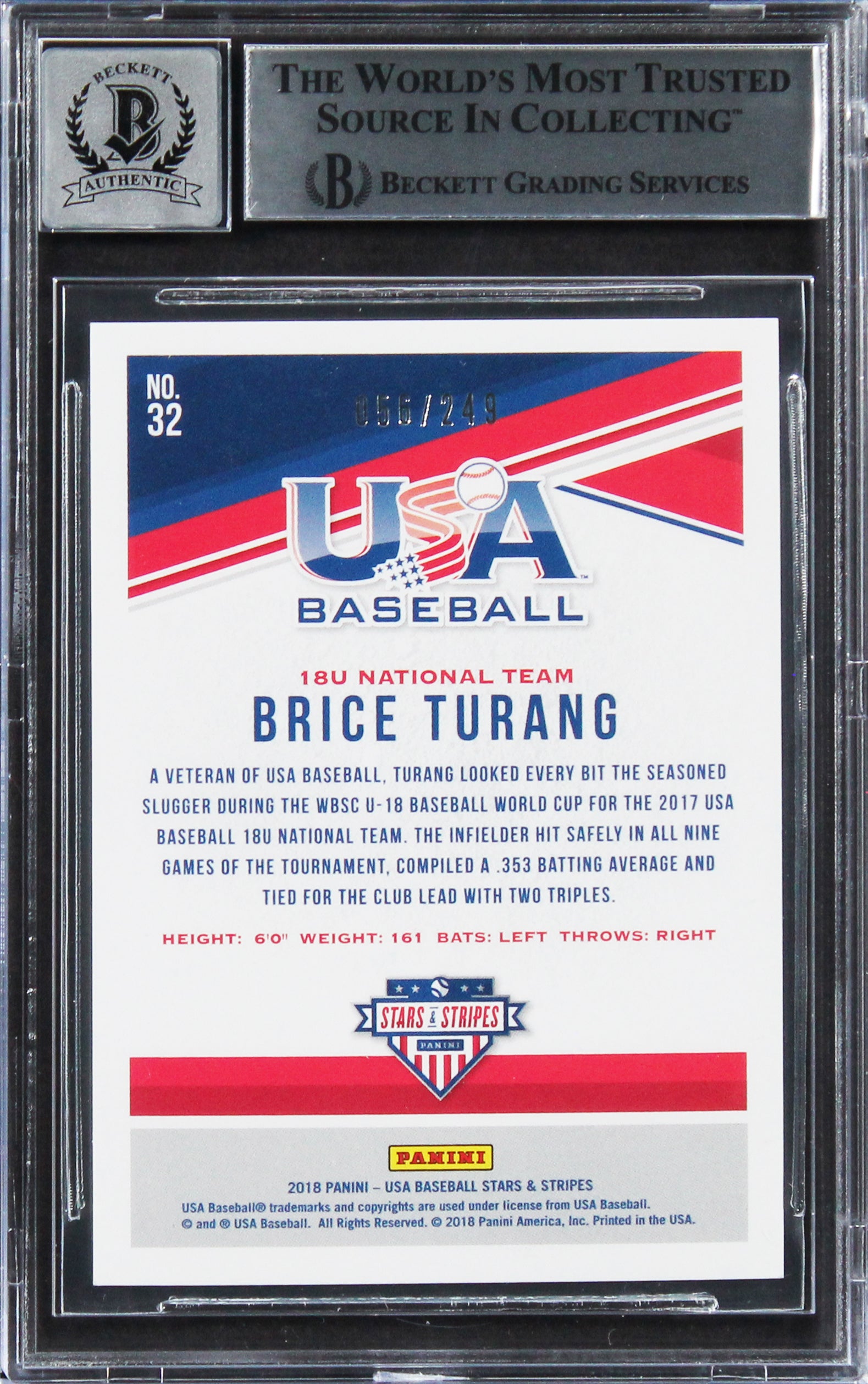 Brice Turang Signed 2019 USA Stars & Stripes #32 #056/249 Card Auto 10 BAS Slab