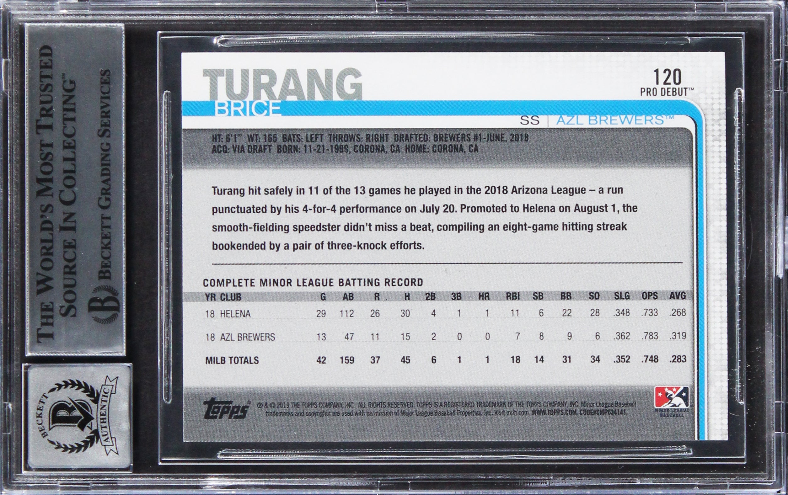 Brewers Brice Turang Signed 2019 Topps Pro Debut #120 Card Auto 10! BAS Slabbed