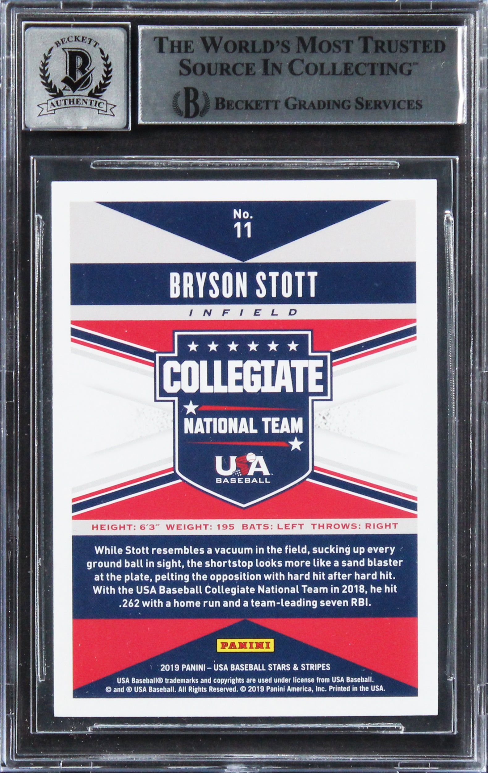 Bryson Scott Signed 2019 USA Baseball Stars & Stripes #11 Card Auto 10! BAS Slab