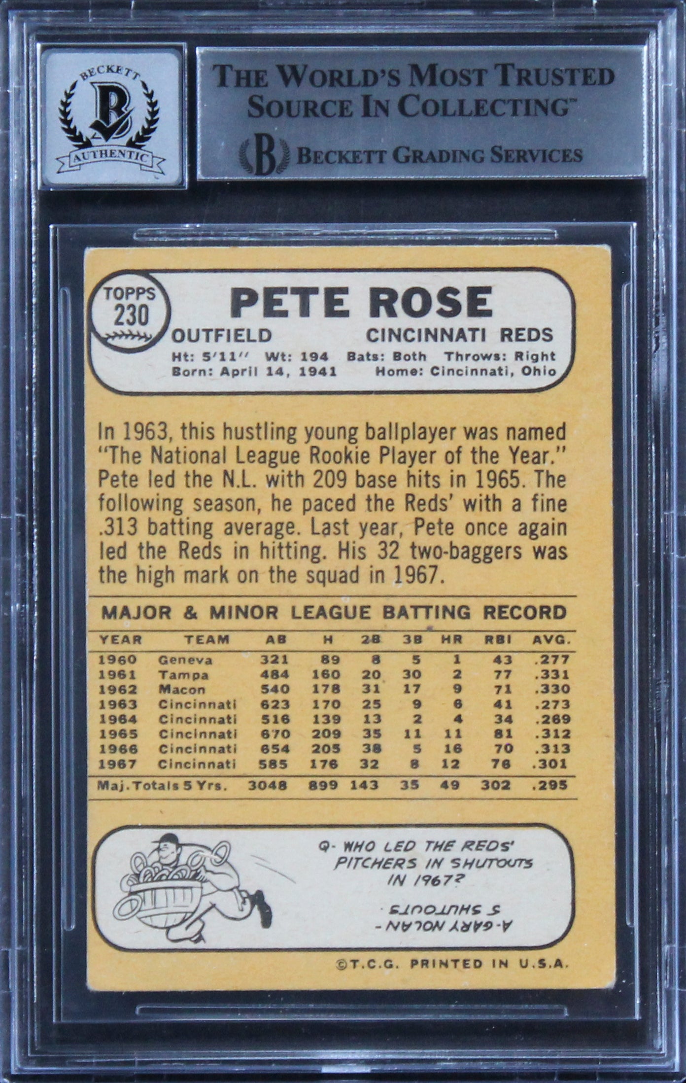 Reds Pete Rose 4256 Signed 1968 Topps #230 Card Auto Graded 10! BAS Slab 2