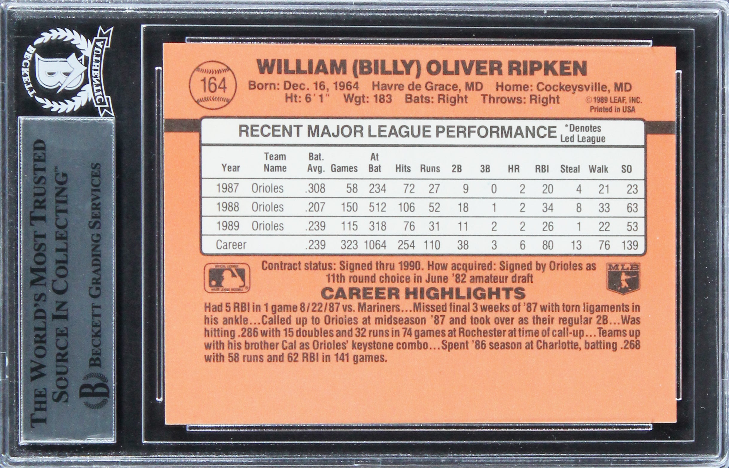 Orioles Billy Ripken Authentic Signed 1990 Donruss #164 Card BAS Slabbed