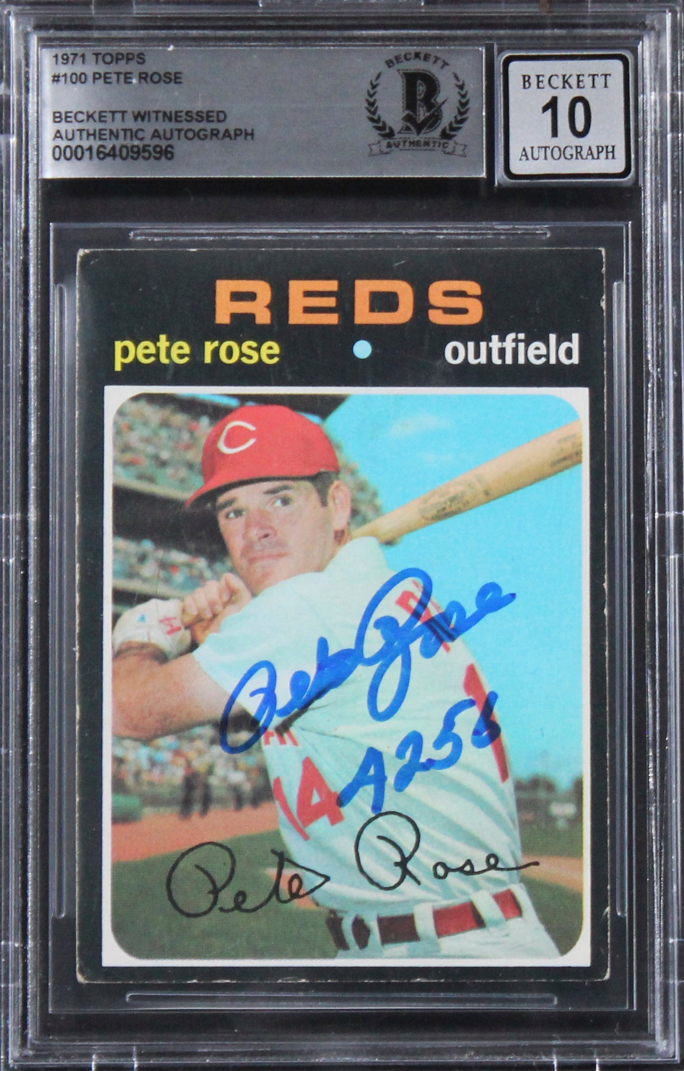 Reds Pete Rose "4256" Signed 1971 Topps #100 Card Auto Graded 10! BAS Slabbed 1