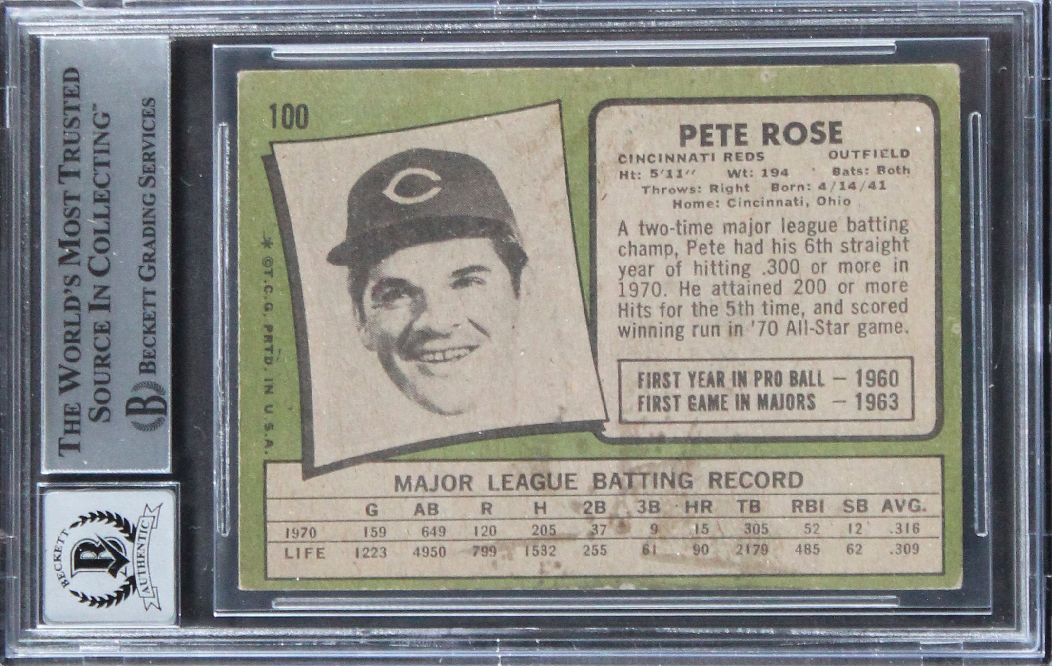 Reds Pete Rose "4256" Signed 1971 Topps #100 Card Auto Graded 10! BAS Slabbed 1