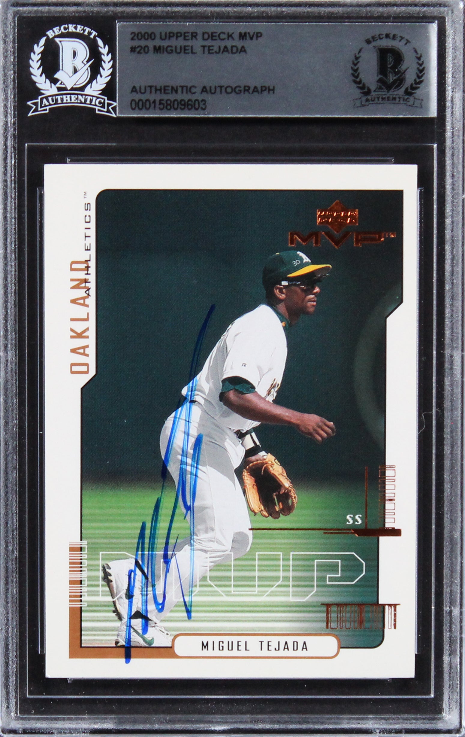 Athletics Miguel Tejada Authentic Signed 2000 Upper Deck MVP #20 Card BAS Slab