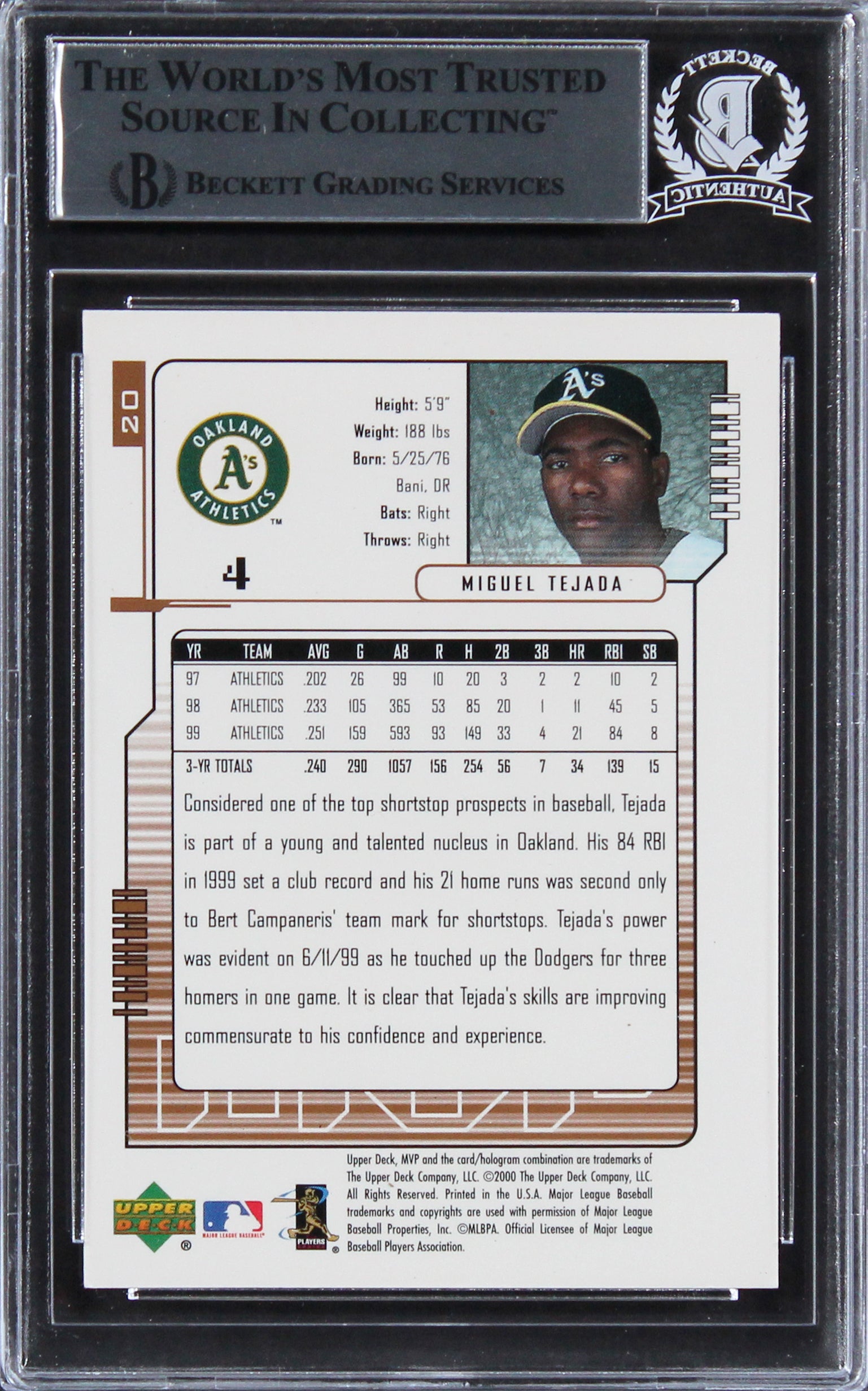 Athletics Miguel Tejada Authentic Signed 2000 Upper Deck MVP #20 Card BAS Slab