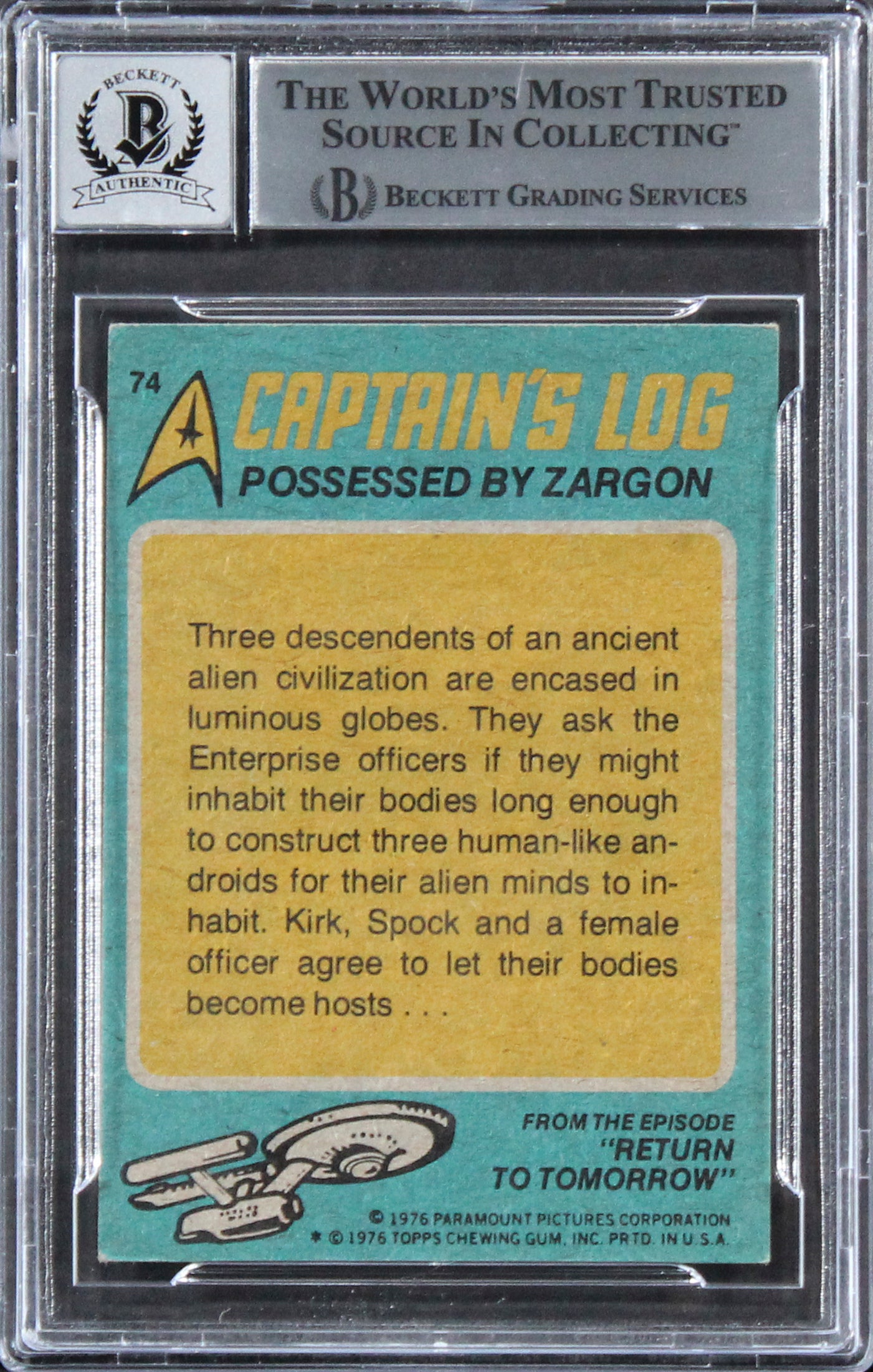 William Shatner Signed 1976 Topps Star Trek #74 Card Auto Graded 10! BAS Slabbed