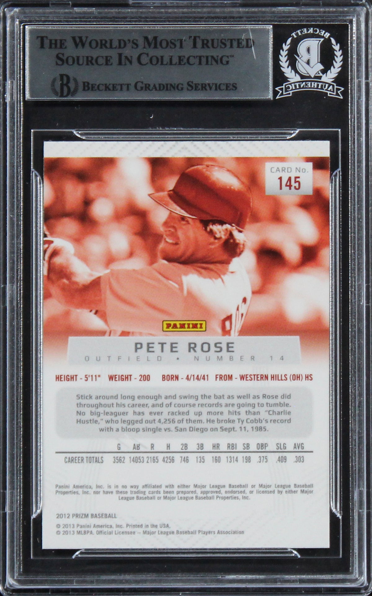 Reds Pete Rose Authentic Signed 2012 Panini Prizm #145 Card BAS Slabbed