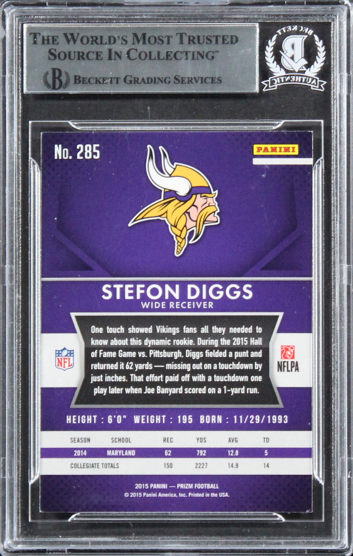 Vikings Stefon Diggs Signed 2015 Panini Prizm #285 Rookie Card BAS Slabbed