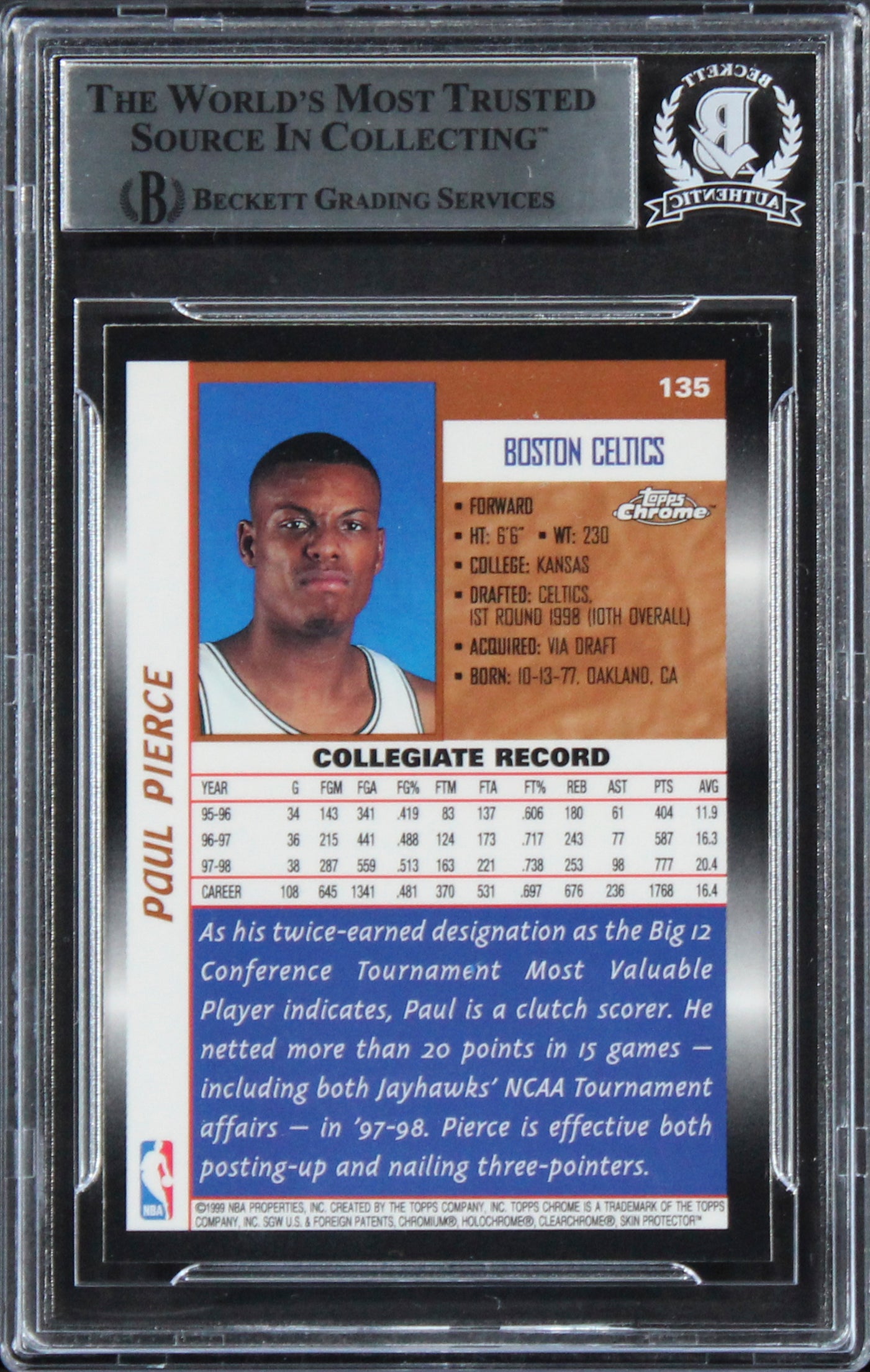 Celtics Paul Pierce Authentic Signed 1998 Topps Chrome #135 Rookie Card BAS Slab