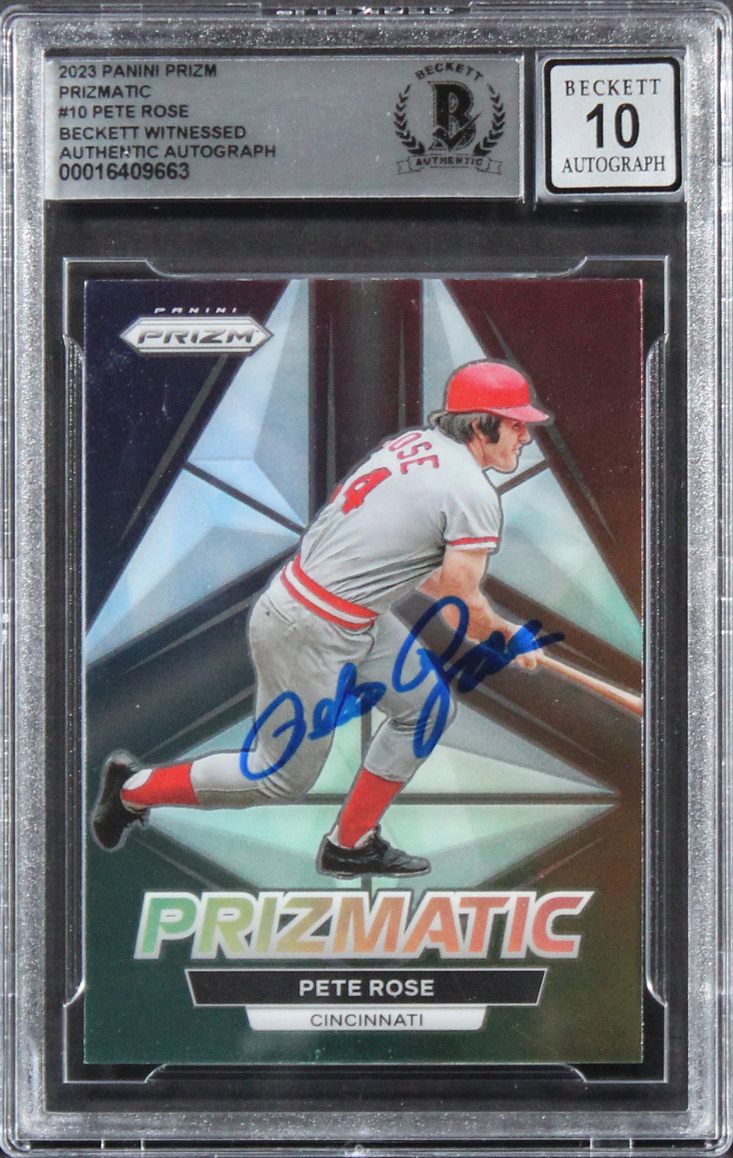 Reds Pete Rose Signed 2023 Panini Prizm Prizmatic #10 Card Auto 10! BAS Slabbed