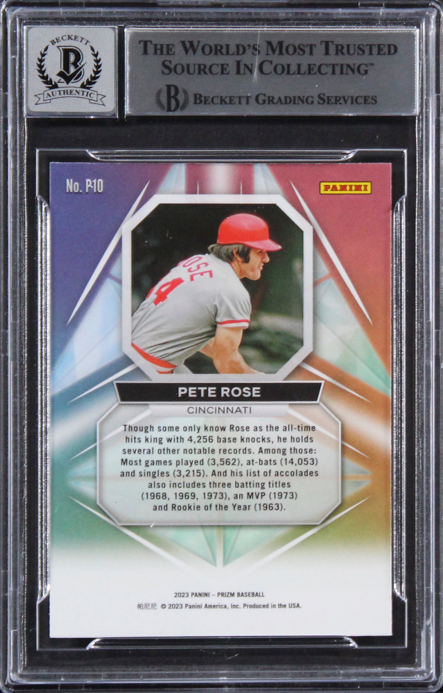 Reds Pete Rose Signed 2023 Panini Prizm Prizmatic #10 Card Auto 10! BAS Slabbed