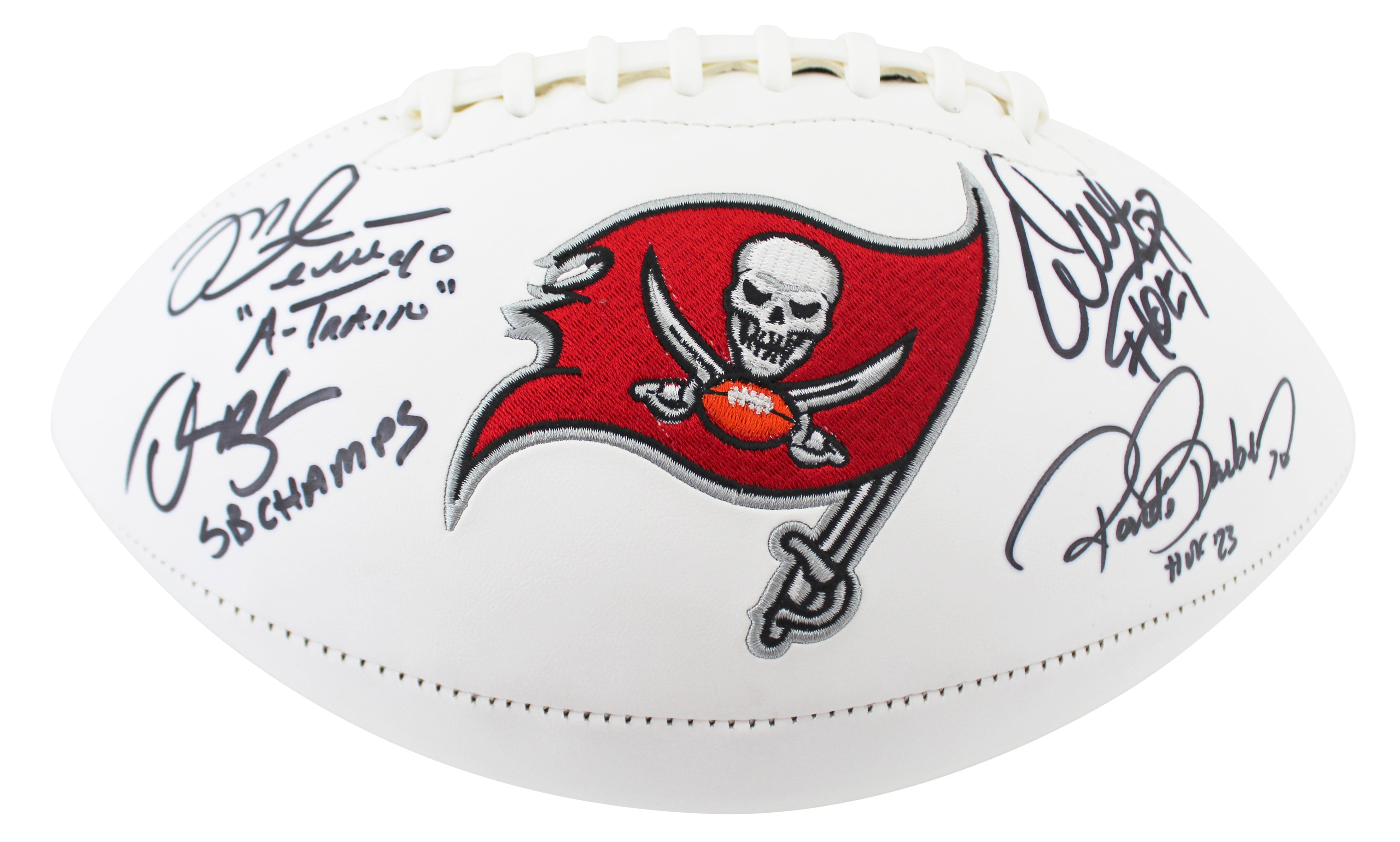 Bucs (4) Sapp, Brooks, Barber & Alstott Signed White Panel Logo Football BAS Wit