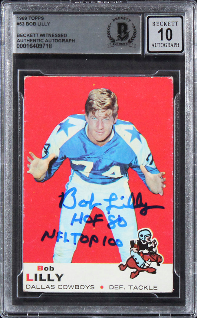 Cowboys Bob Lilly "2x Insc." Signed 1969 Topps #53 Card Auto 10! BAS Slabbed