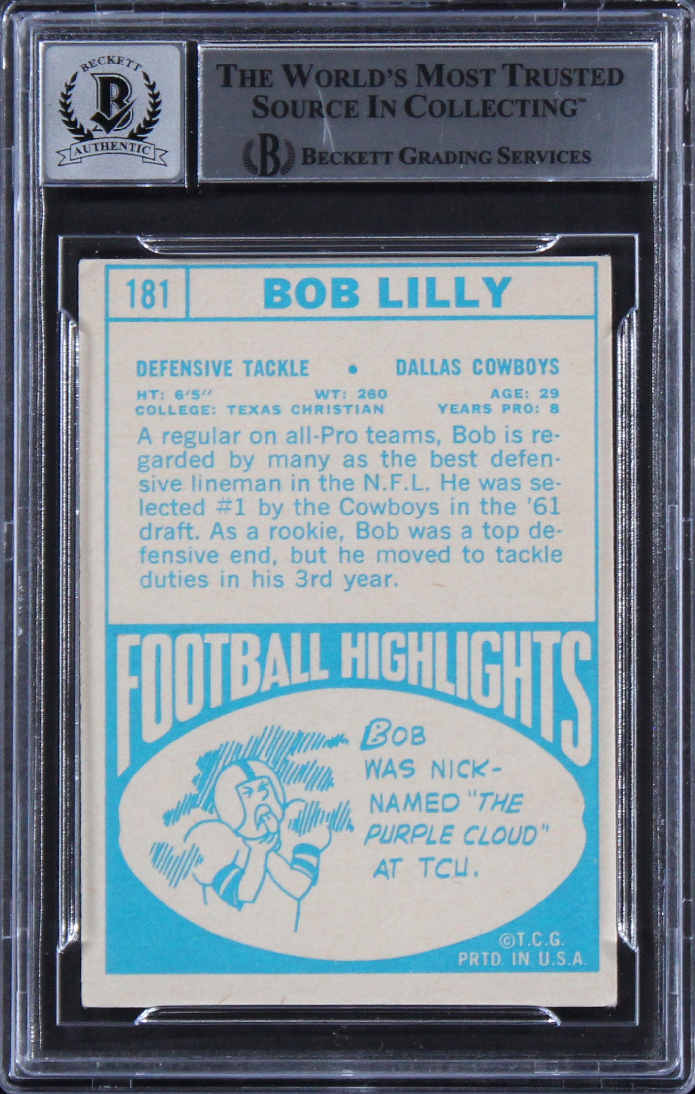 Cowboys Bob Lilly "2x Insc." Signed 1968 Topps #181 Card Auto 10! BAS Slabbed