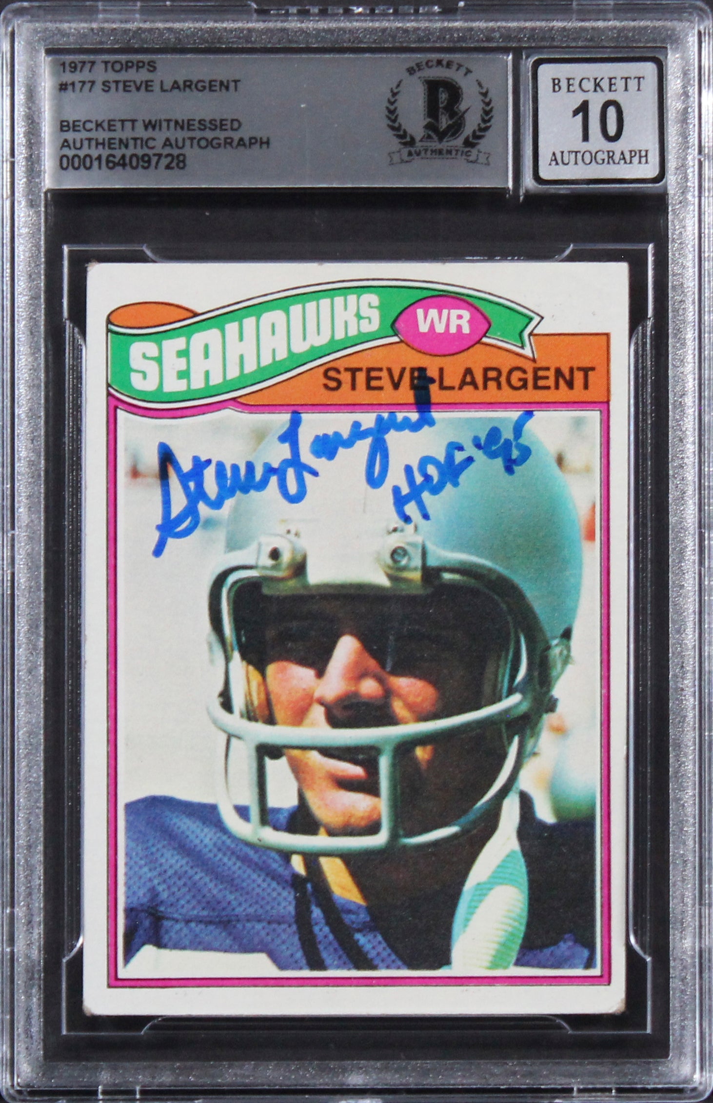 Seahawks Steve Largent "HOF 95" Signed 1977 Topps #177 Card Auto 10! BAS Slab 1