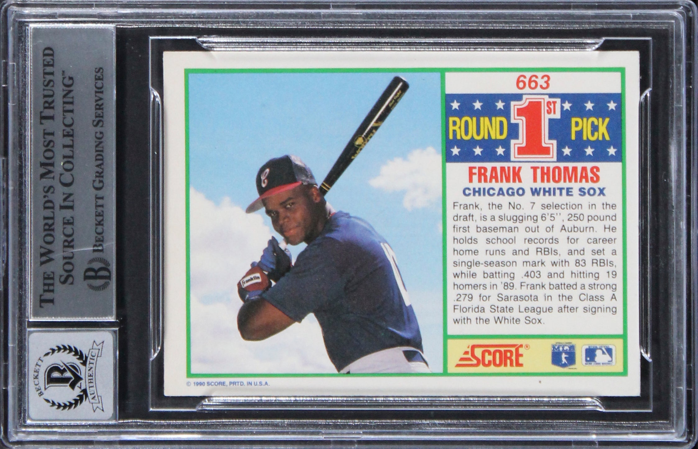 White Sox Frank Thomas Signed 1990 Score #663 Rookie Card Auto 10! BAS Slabbed