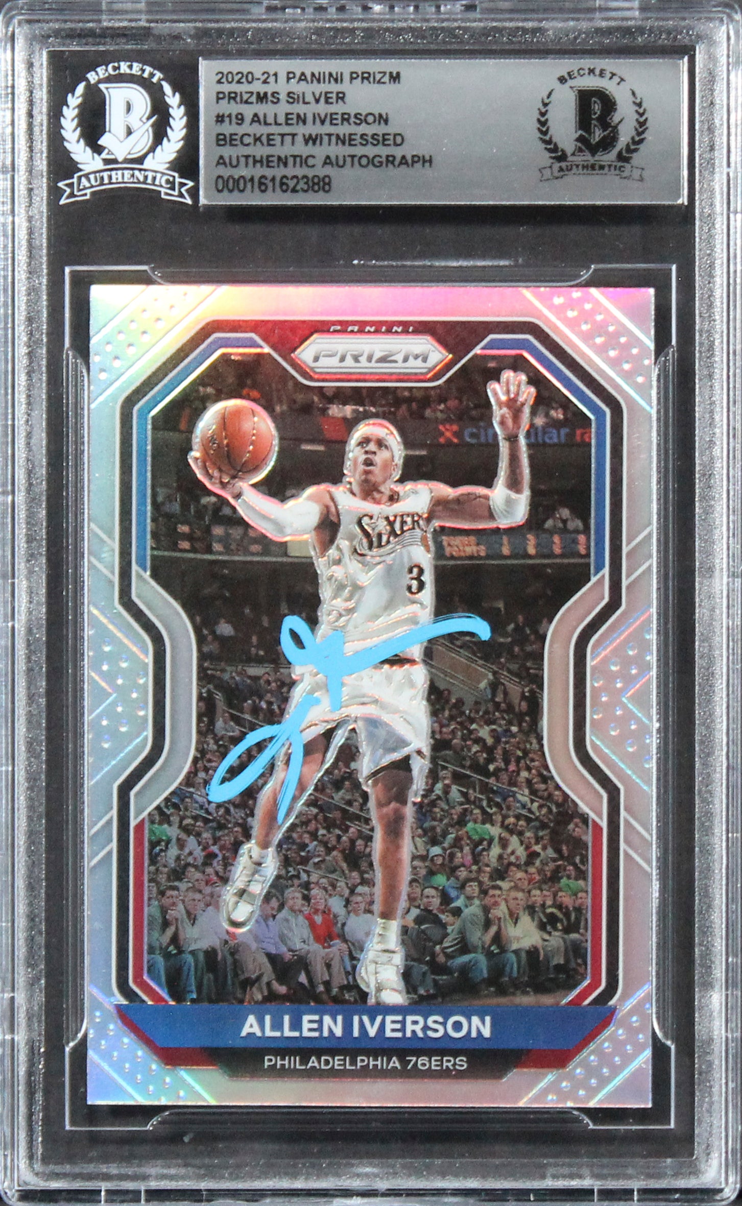 76ers Allen Iverson Signed 2020 Panini Prizm Silver #19 Card BAS Slabbed