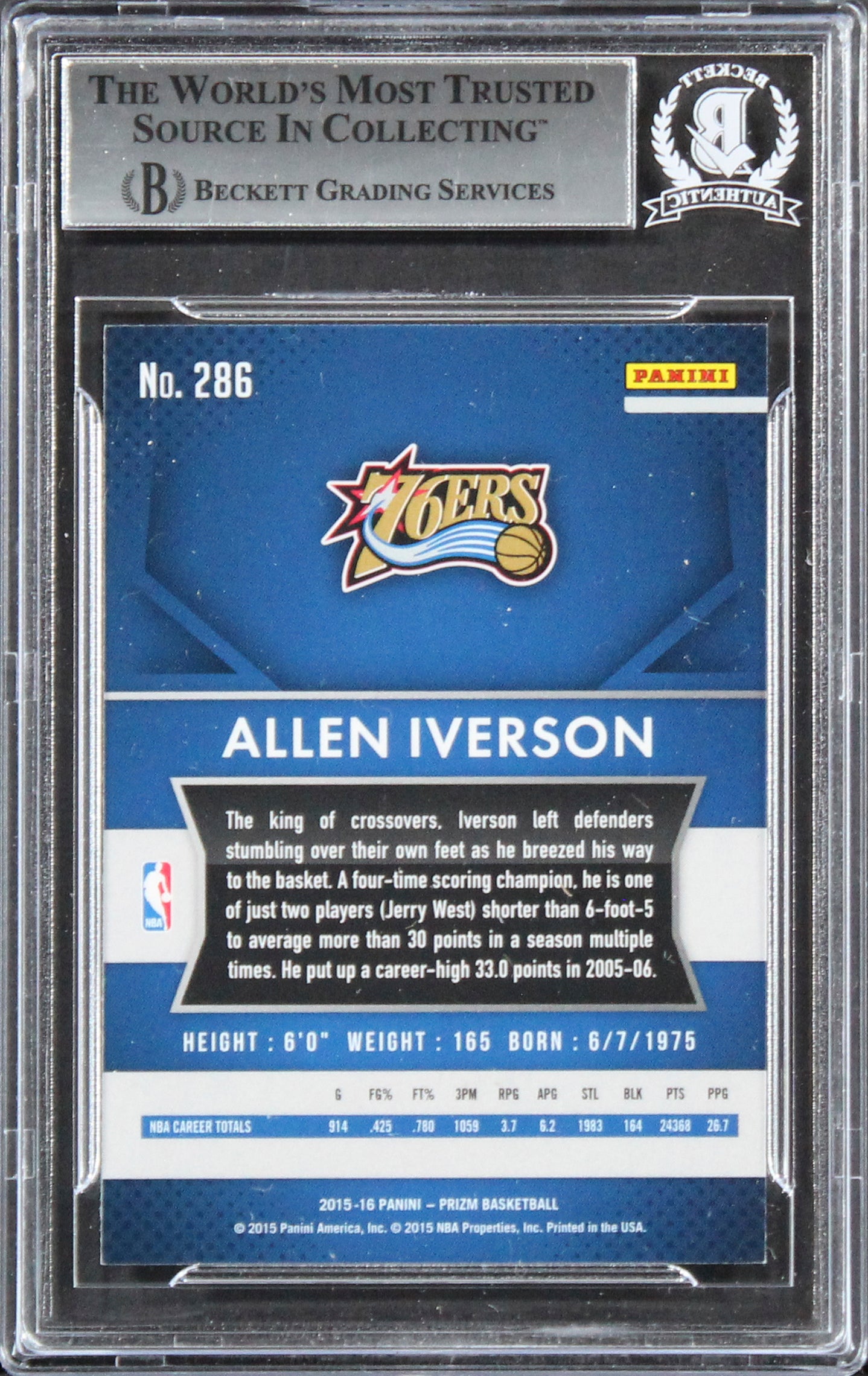76ers Allen Iverson Authentic Signed 2015 Panini Prizm #286 Card BAS Slabbed