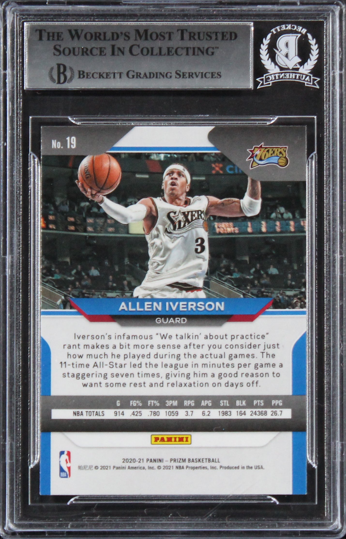 76ers Allen Iverson Authentic Signed 2020 Panini Prizm #19 Card BAS Slabbed