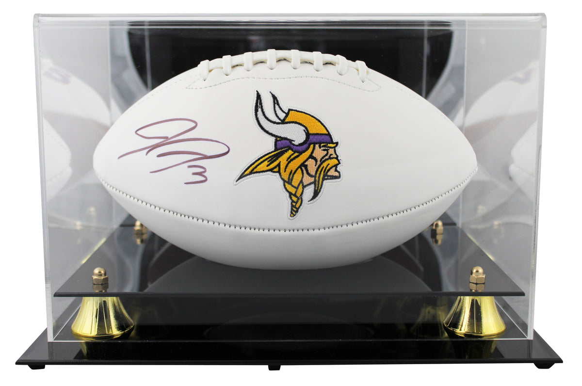 Vikings Jordan Addison Signed White Panel Logo Football W/ Case BAS Witnessed