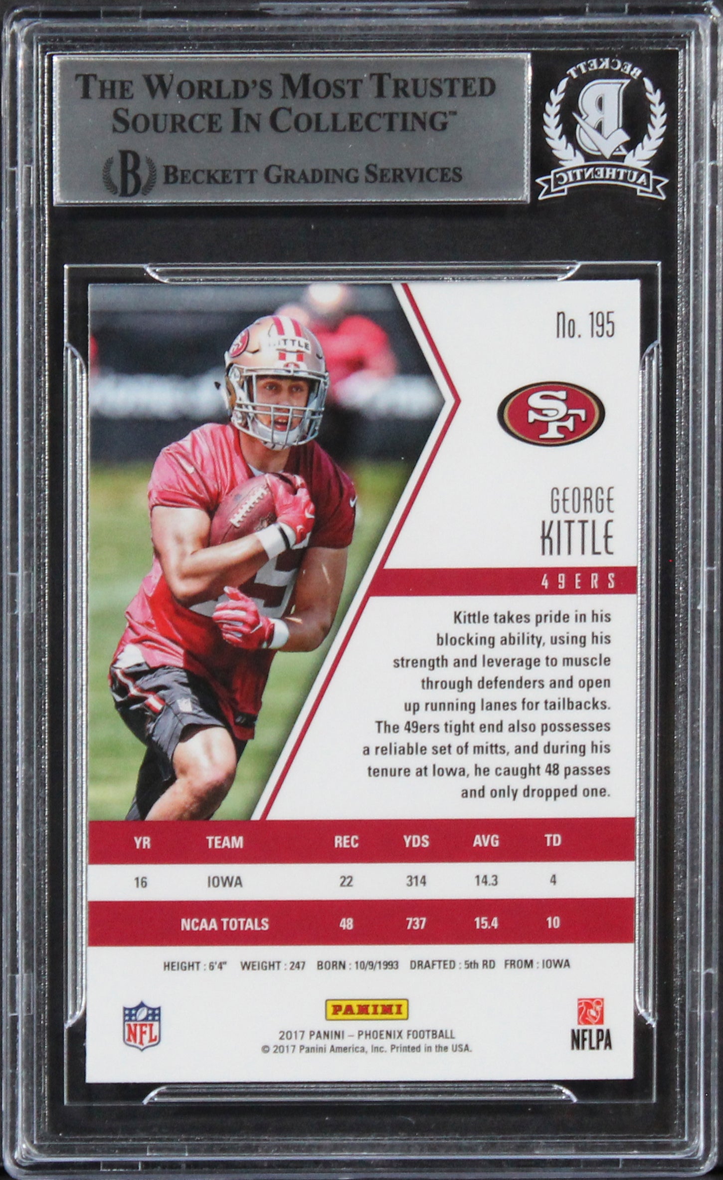 49ers George Kittle Signed 2017 Panini Phoenix #195 Rookie Card BAS Slabbed