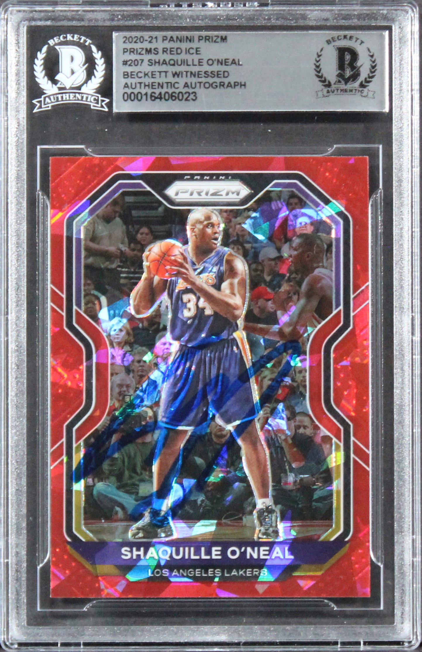 Lakers Shaquille O'Neal Signed 2020 Panini Prizm  Red Ice #207 Card BAS Slabbed