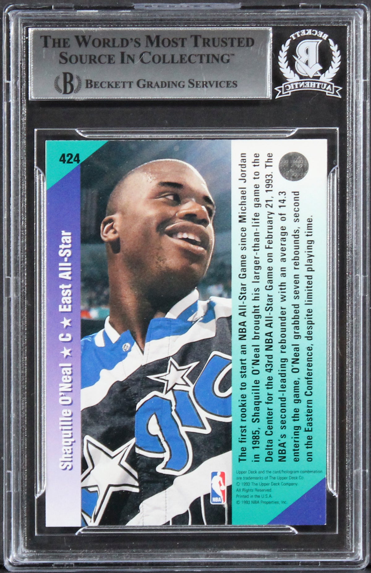 Magic Shaquille O'Neal Signed 1992 Upper Deck #424 Rookie Card BAS Slabbed
