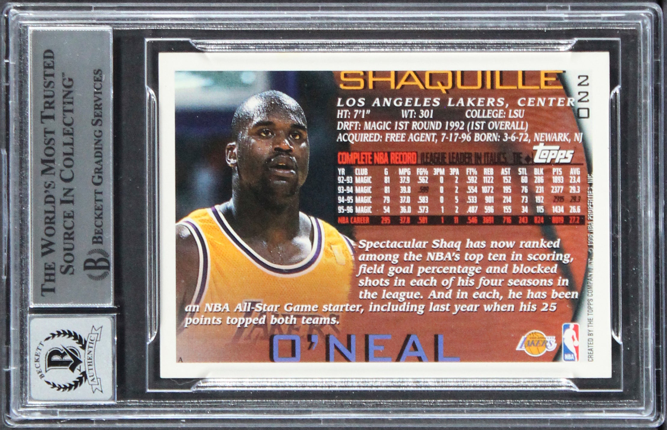 Lakers Shaquille O'Neal  Signed 1996 Topps NBA At 50 #220 Card Auto 10! BAS Slab