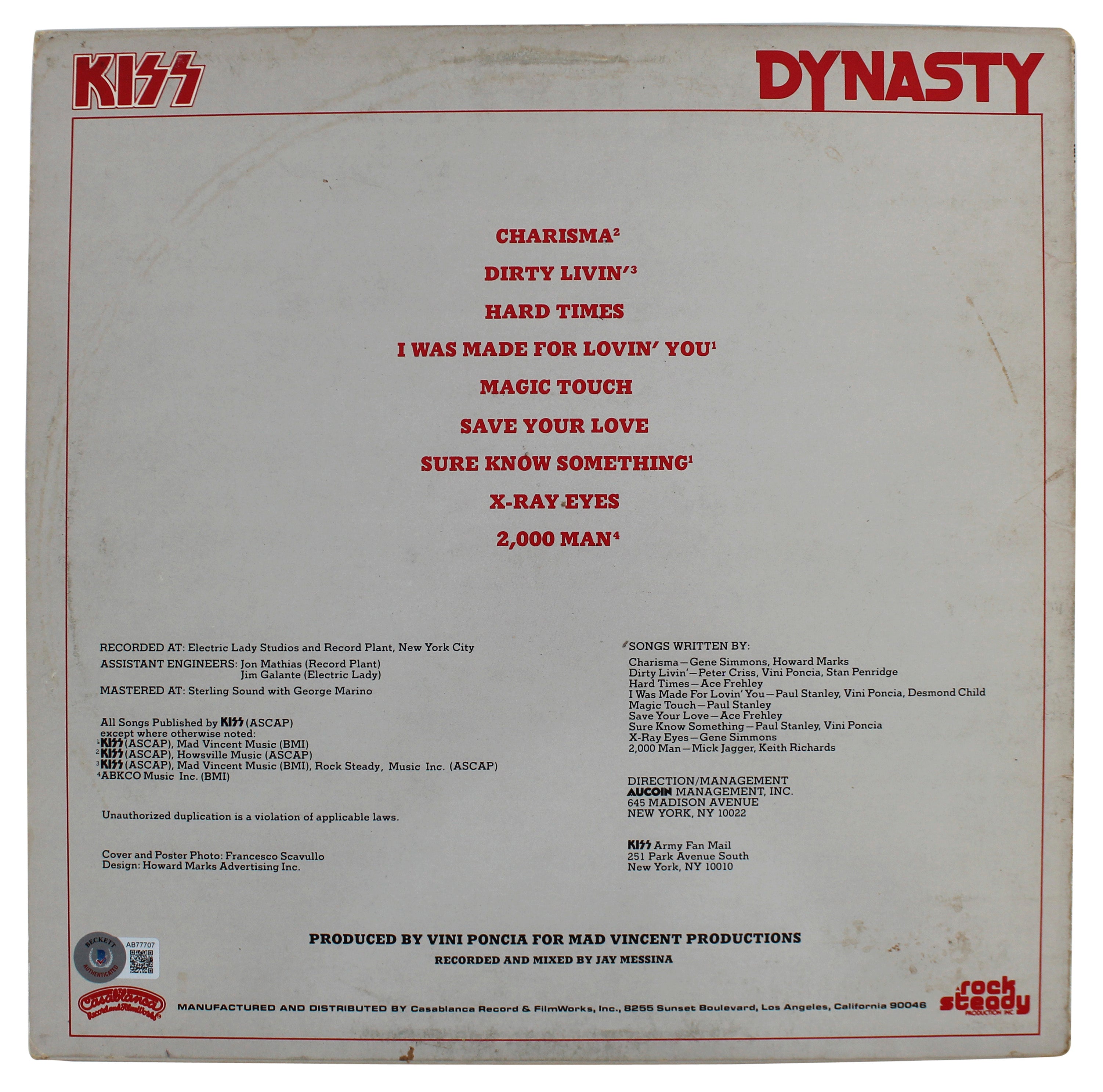 KISS (3) Simmons, Frahley & Criss Signed Dynasty Album Cover BAS #AB77707