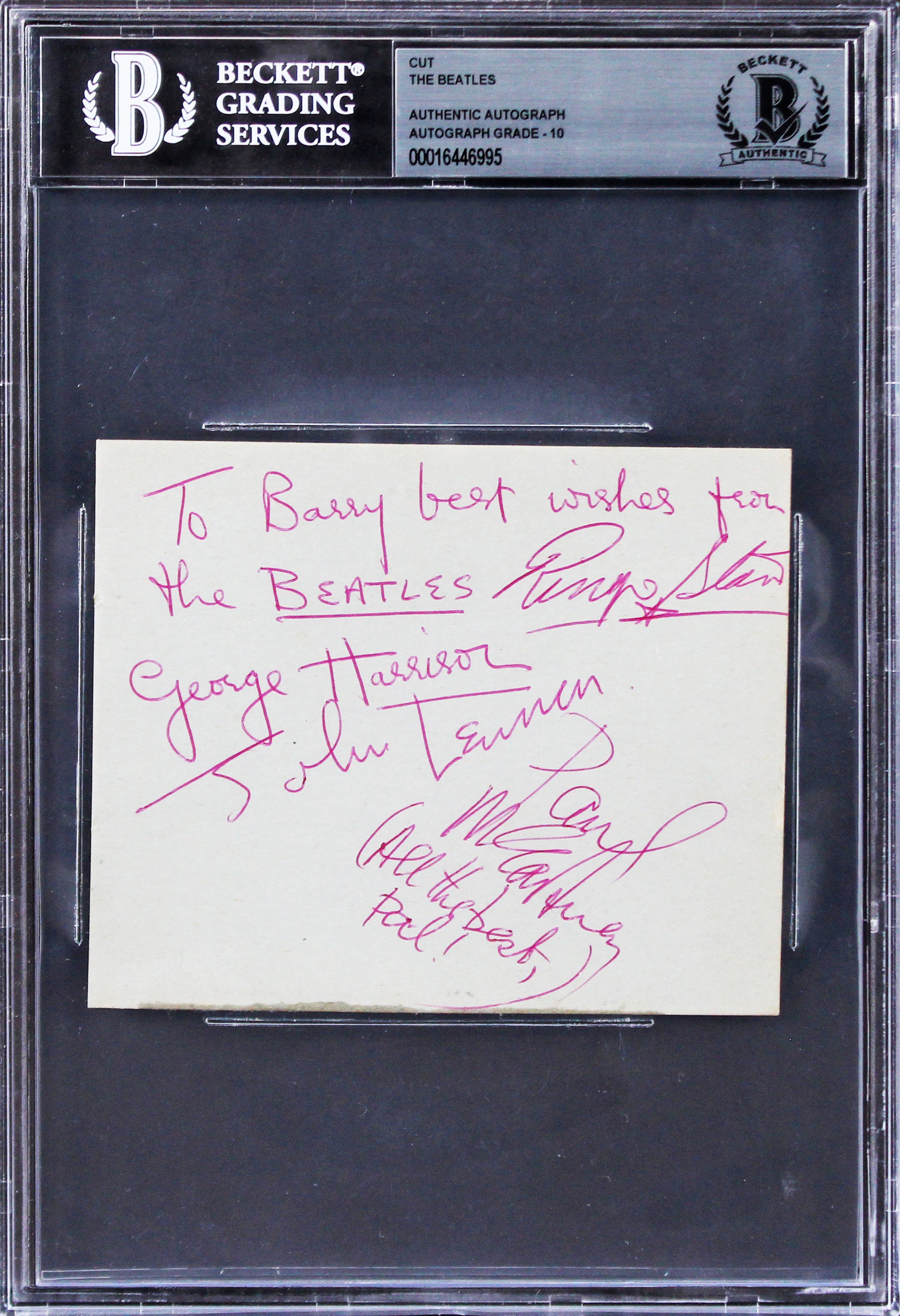 (4) Lennon, McCartney, Harrison & Starr Signed 3.85x4.5 Cut Sig Auto 10 BAS Slab