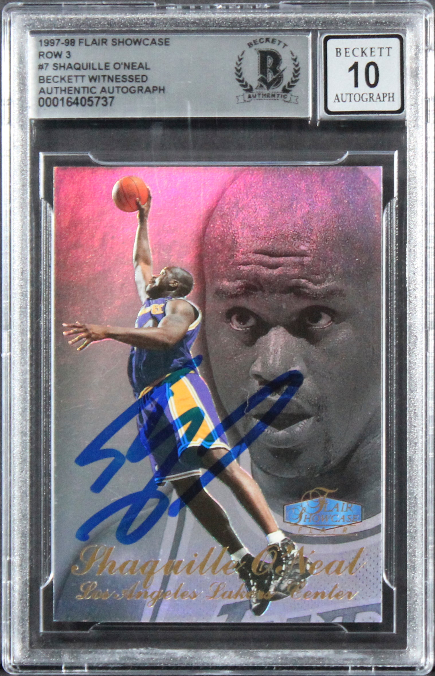 Lakers Shaquille O'Neal Signed 1997 Flair Showcase #7 Card Auto 10! BAS Slabbed