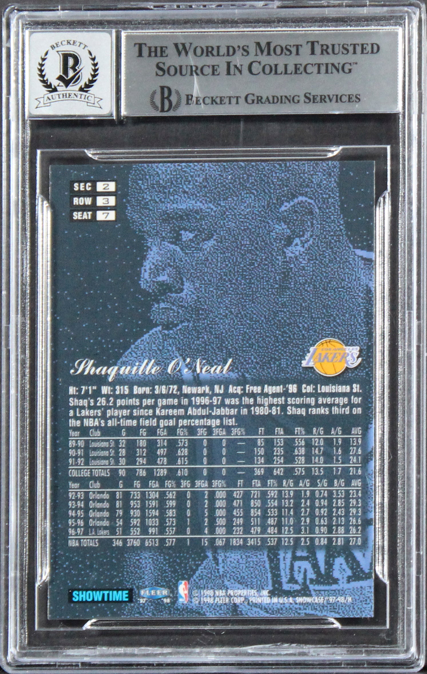 Lakers Shaquille O'Neal Signed 1997 Flair Showcase #7 Card Auto 10! BAS Slabbed