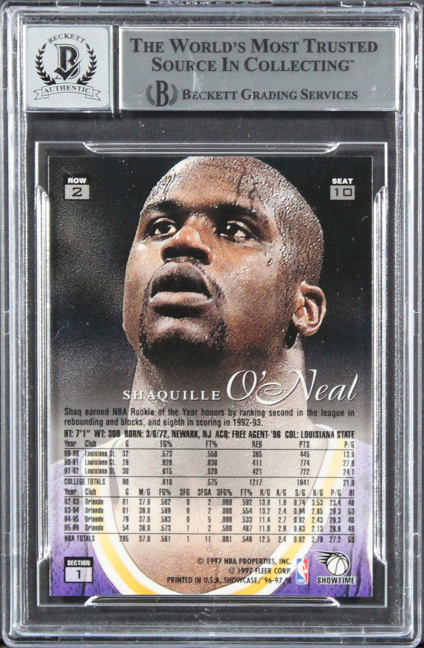 Lakers Shaquille O'Neal Signed 1996 Flair Showcase #10 Card Auto 10! BAS Slabbed