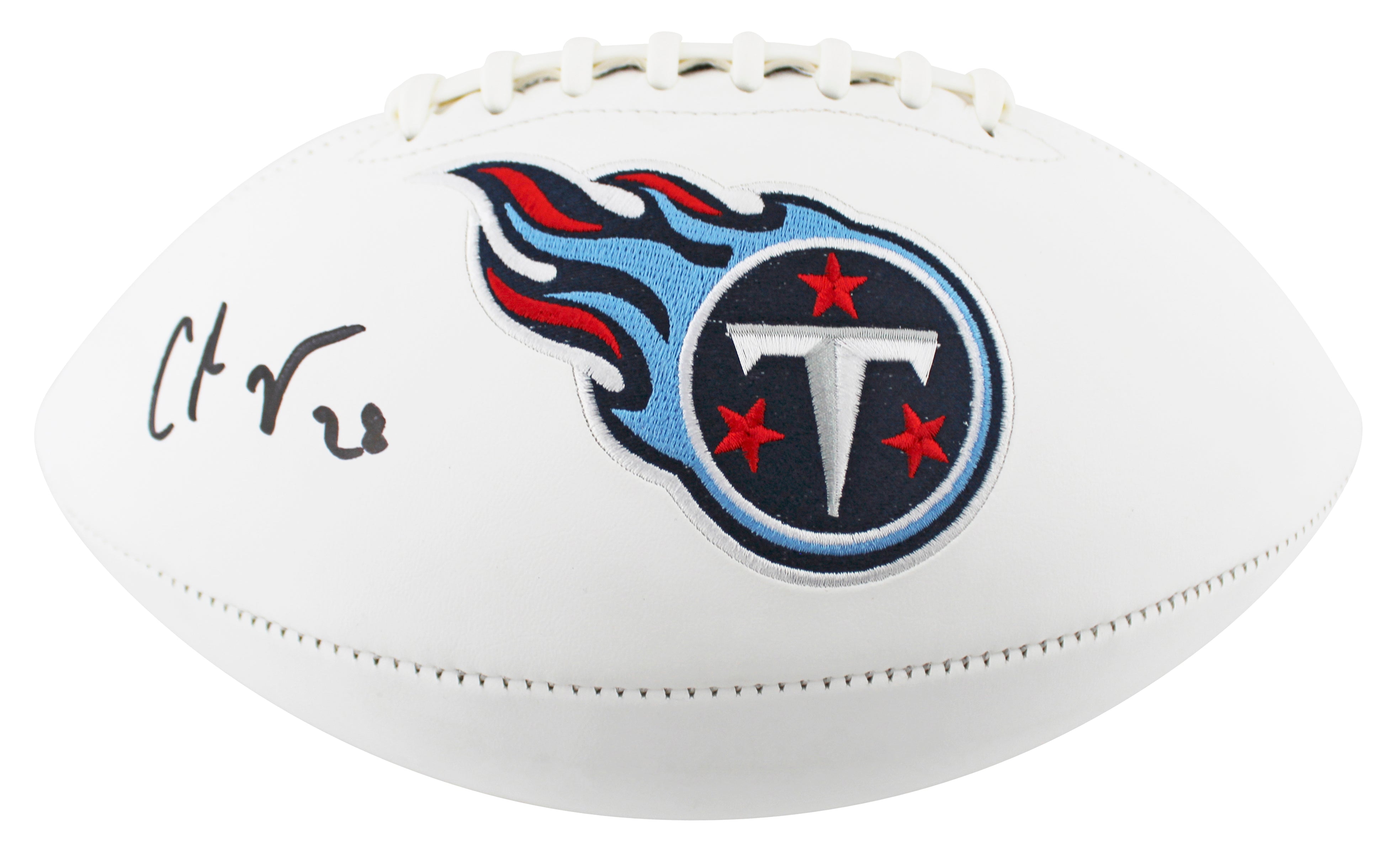 Titans Chris Johnson Signed Rawlings White Panel Logo Football BAS Witnessed