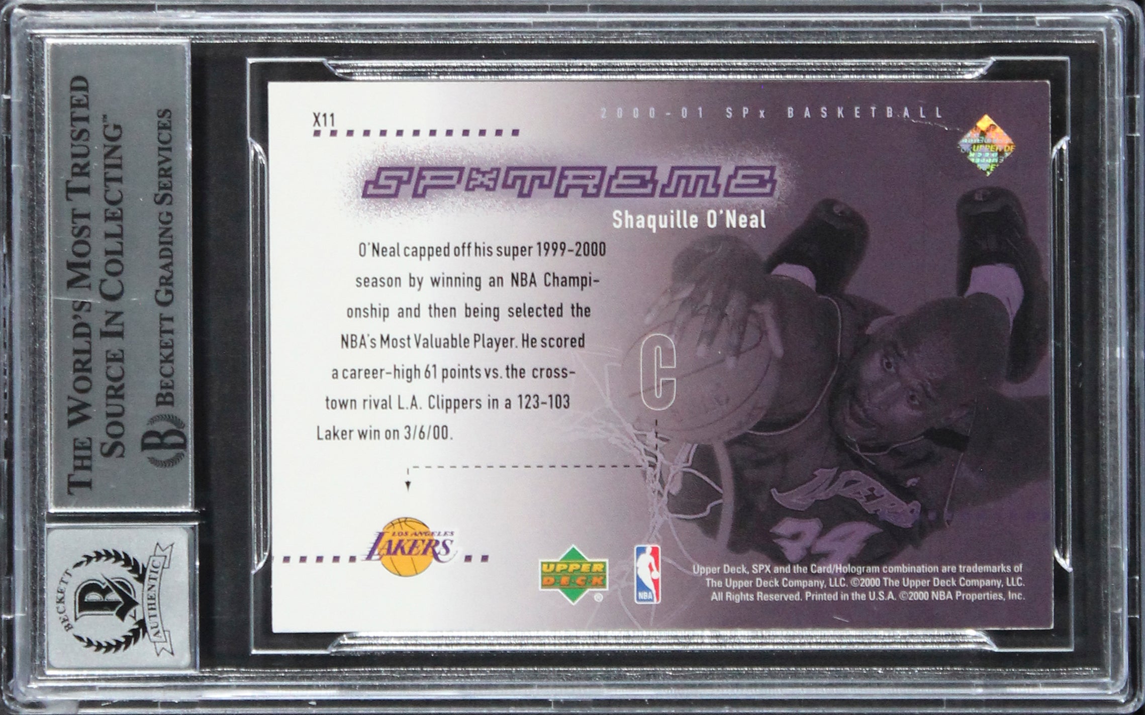 Lakers Shaquille O'Neal Signed 2000 SPX Spxtreme #X11 Card Auto 10! BAS Slabbed