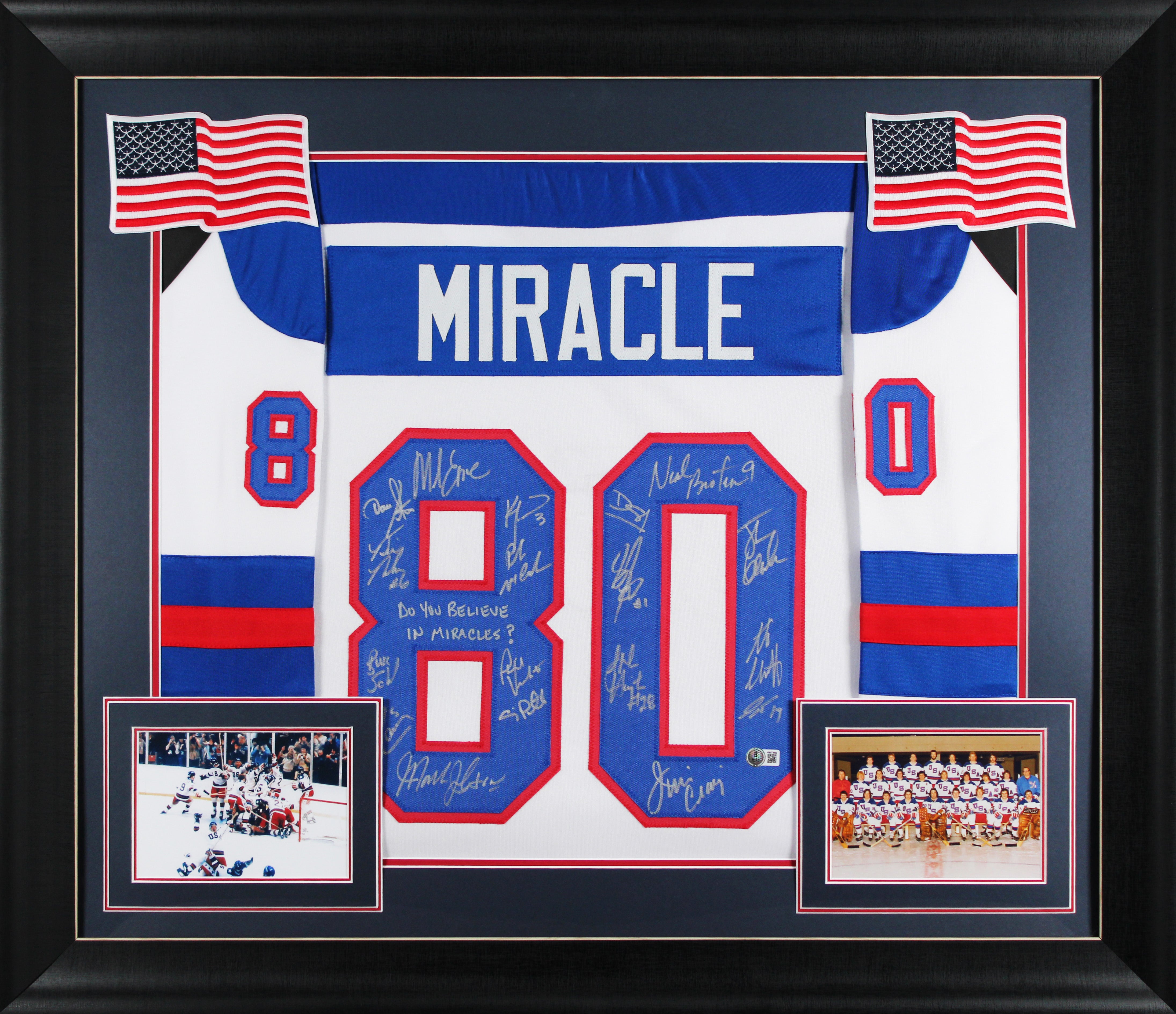 1980 USA Hockey 18 Autos Craig, Eruzione, Broten Signed White Framed Jersey BAS