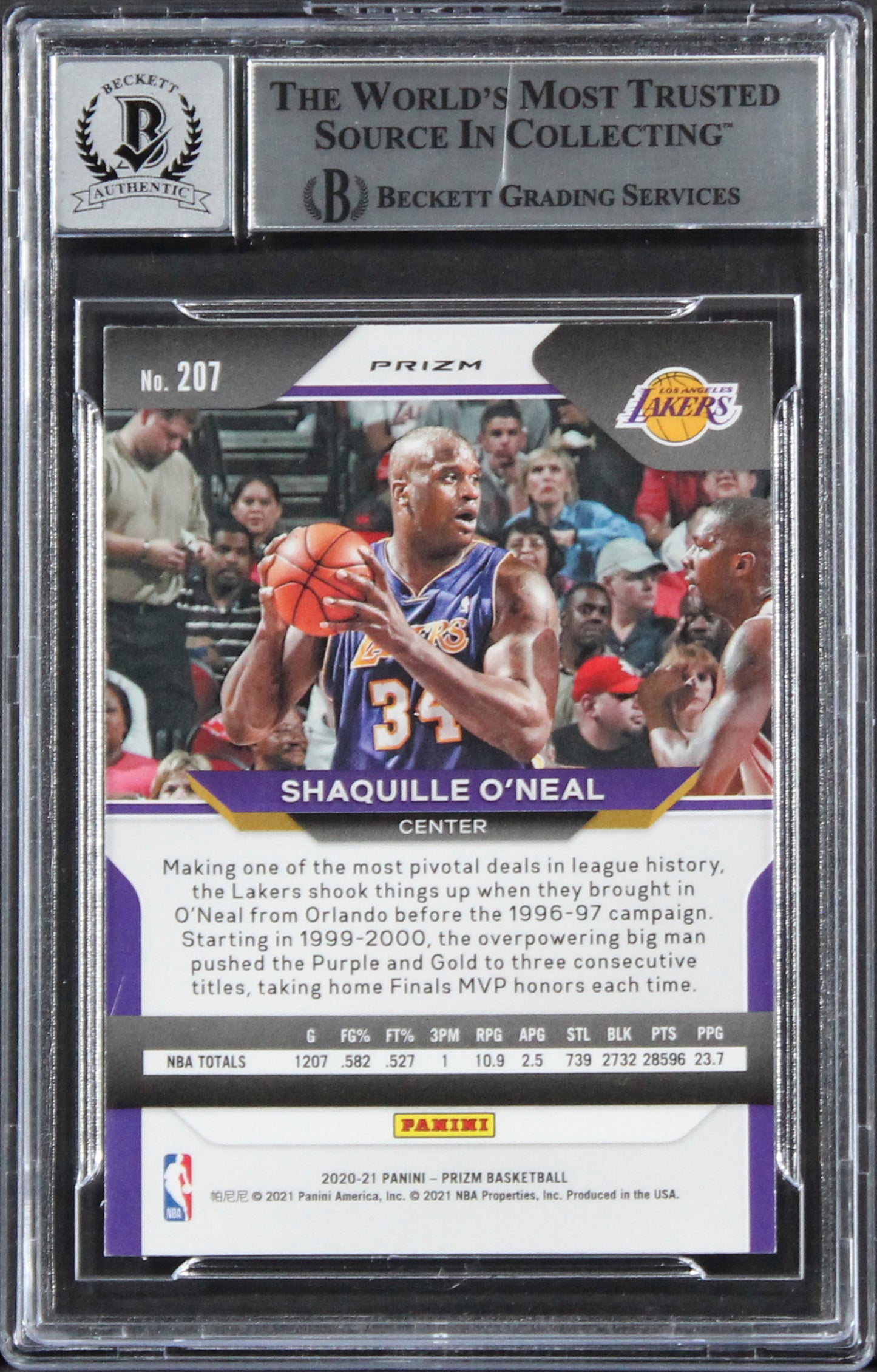 Lakers Shaquille O'Neal Signed 2020 Panini Prizm PI #207 Card Auto 10! BAS Slab