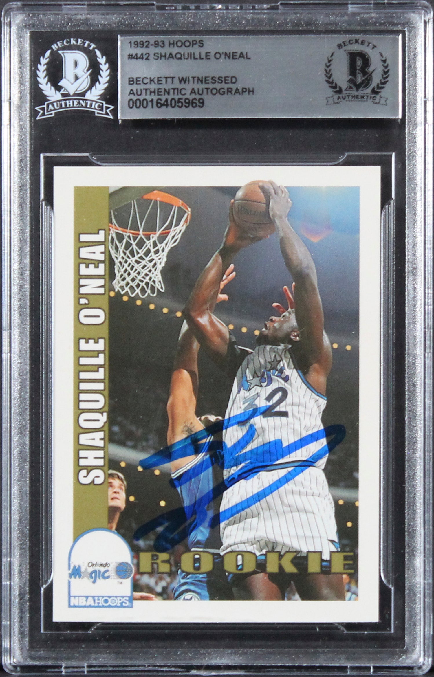 Magic Shaquille O'Neal Authentic Signed 1992 Hoops #442 Rookie Card BAS Slabbed